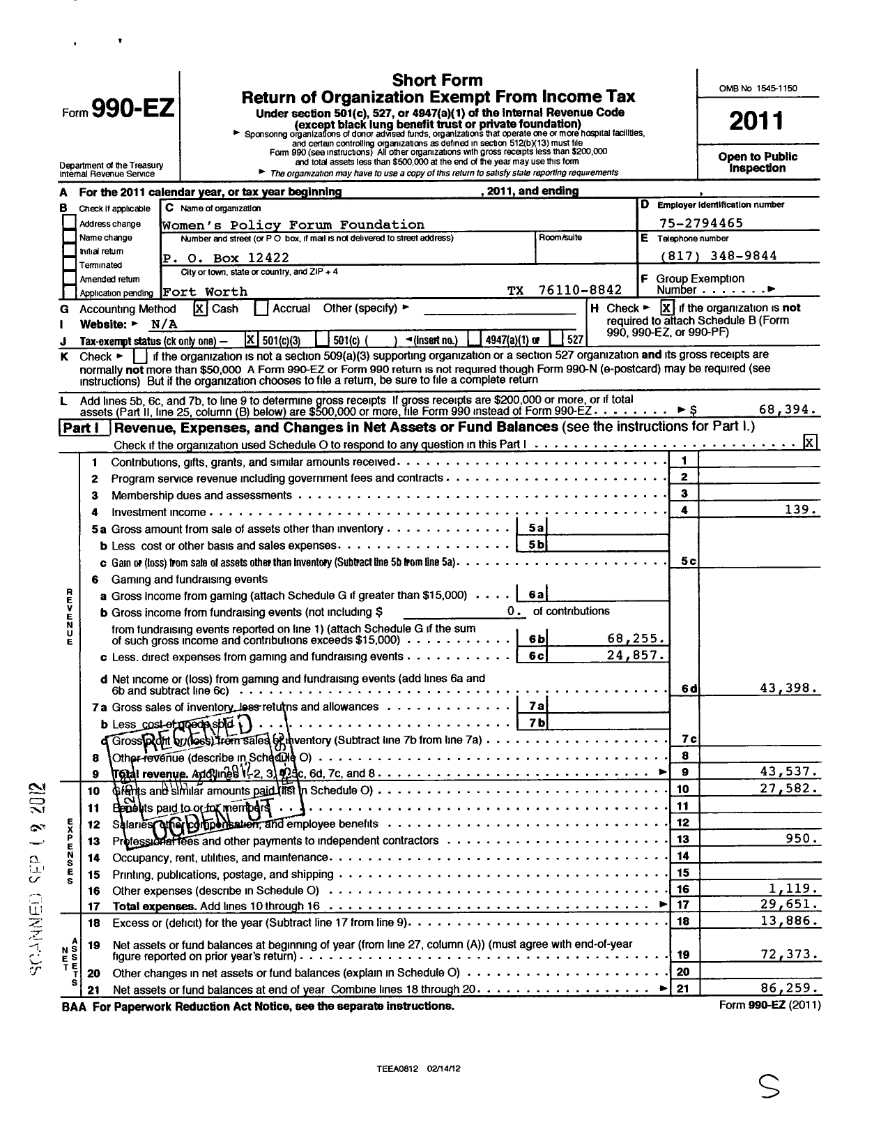 Image of first page of 2011 Form 990EZ for Womens Policy Forum Foundation