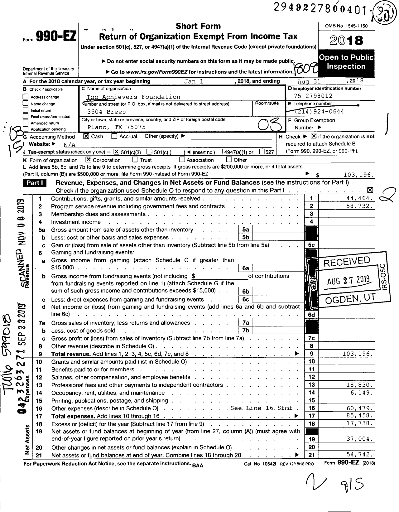 Image of first page of 2017 Form 990EZ for Top Achievers Foundation