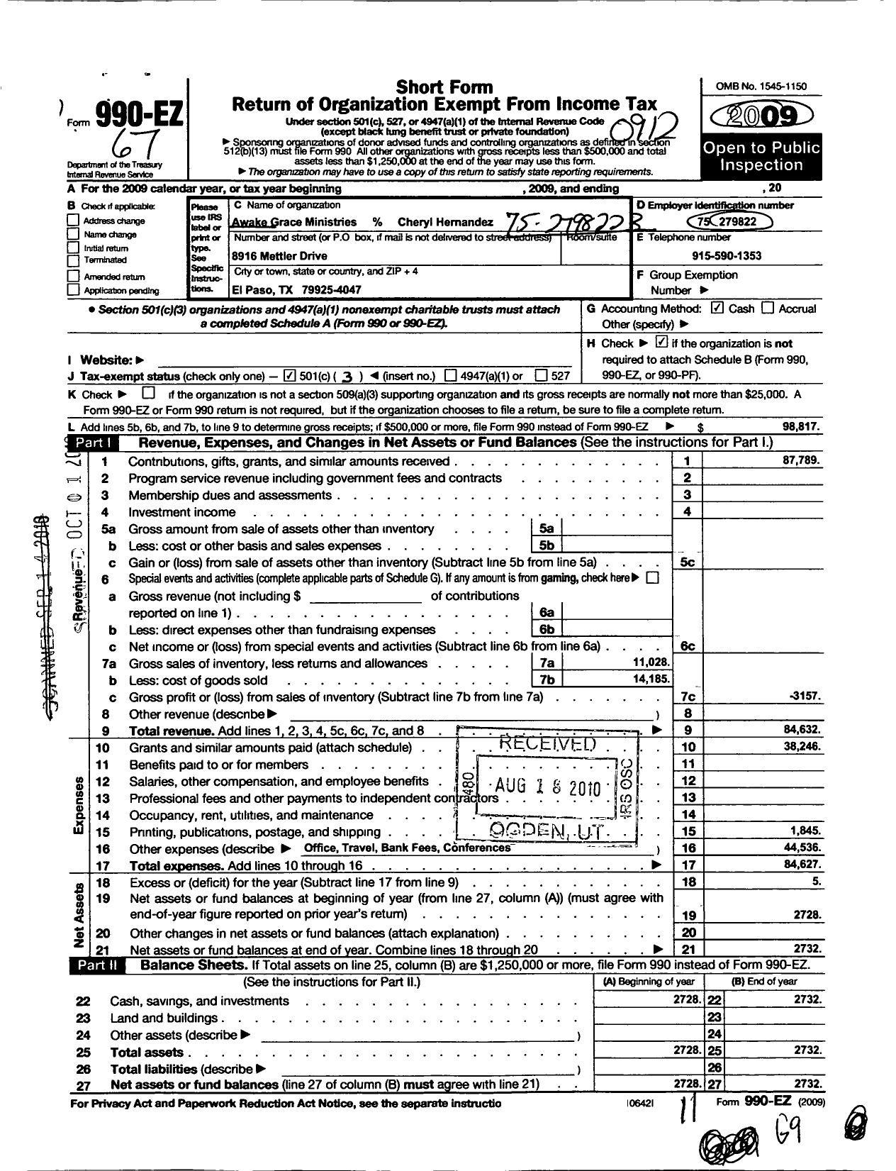 Image of first page of 2009 Form 990EZ for Awake Grace Ministries