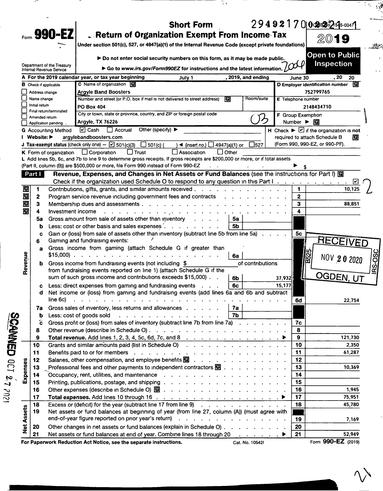 Image of first page of 2019 Form 990EZ for Argyle Band Boosters