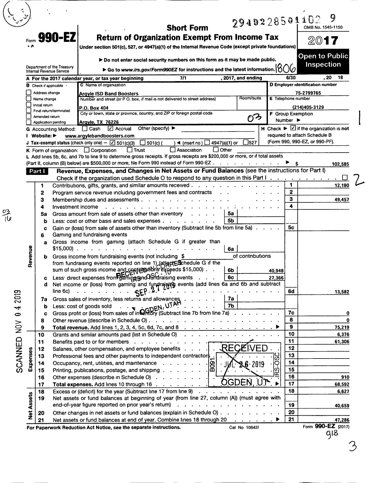 Image of first page of 2017 Form 990EZ for Argyle Band Boosters