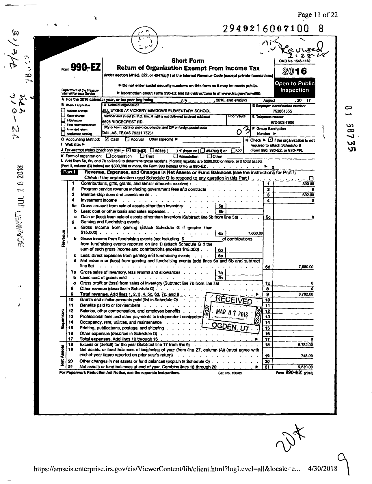 Image of first page of 2016 Form 990EZ for Texas PTA - Jill Stone at Vickery Meadows Elem