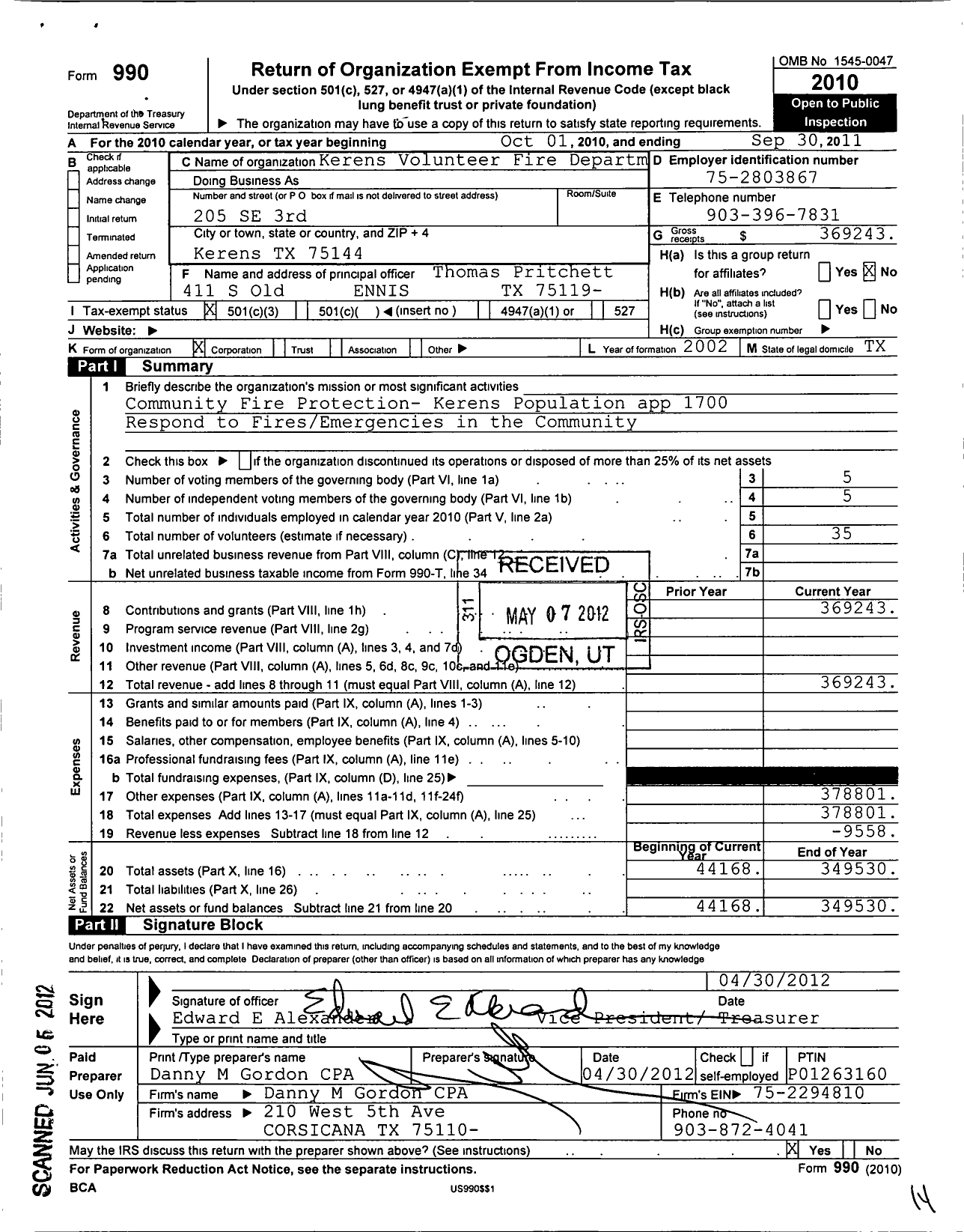 Image of first page of 2010 Form 990 for Kerens Volunteer Fire Department