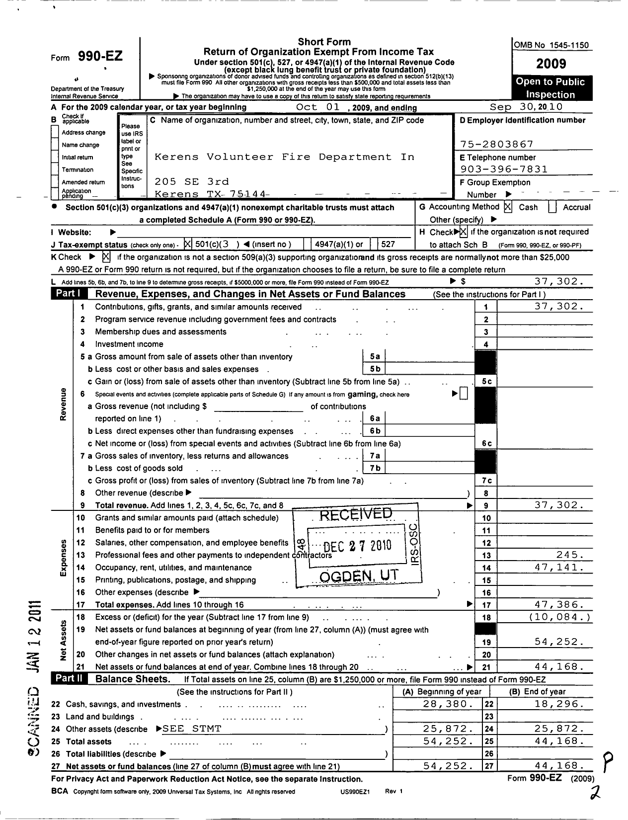 Image of first page of 2009 Form 990EZ for Kerens Volunteer Fire Department