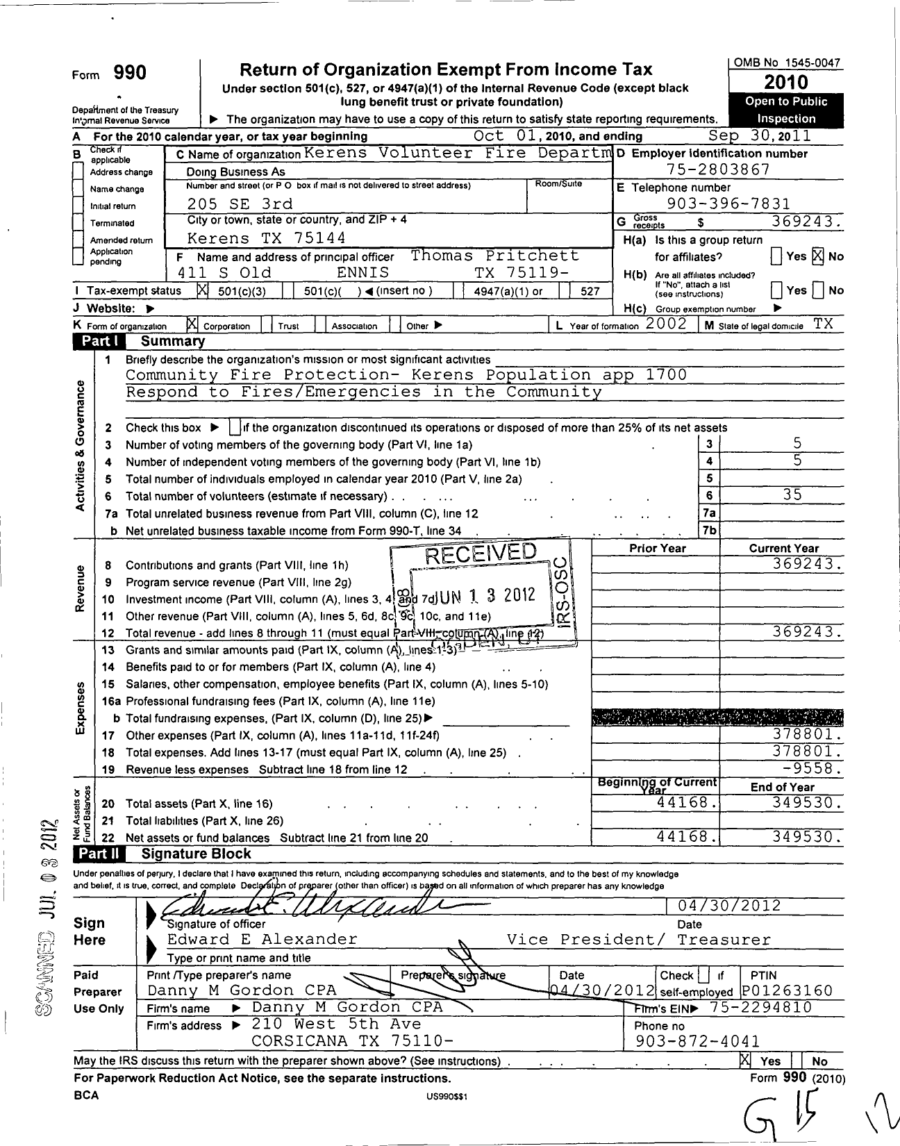 Image of first page of 2010 Form 990 for Kerens Volunteer Fire Department