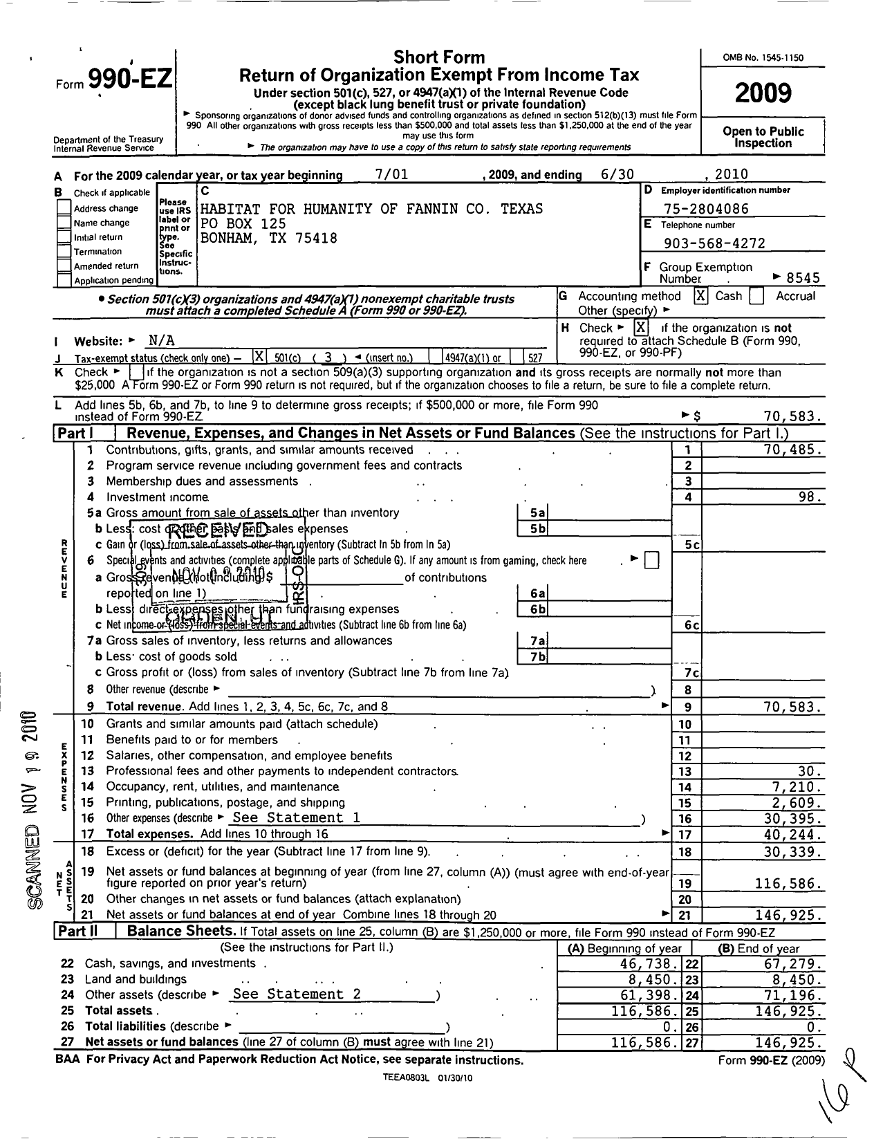 Image of first page of 2009 Form 990EZ for Habitat for Humanity International