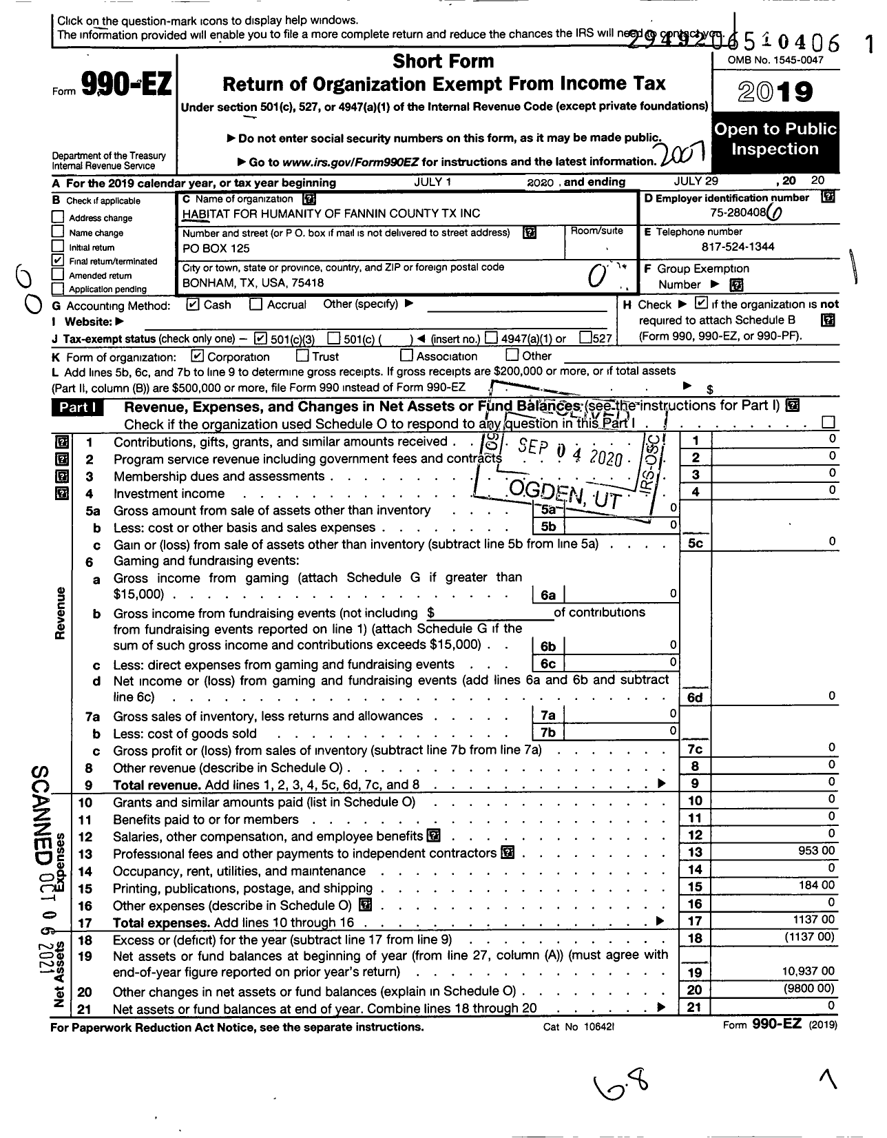 Image of first page of 2019 Form 990EZ for Habitat for Humanity International