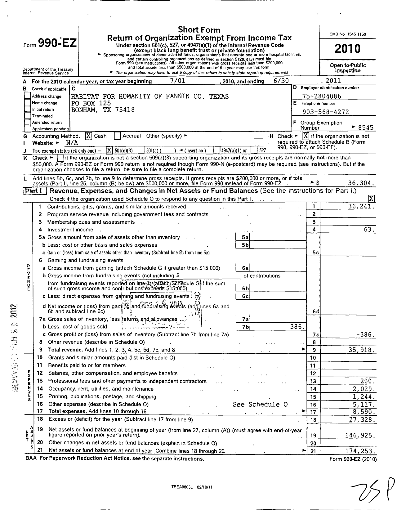 Image of first page of 2010 Form 990EZ for Habitat for Humanity International