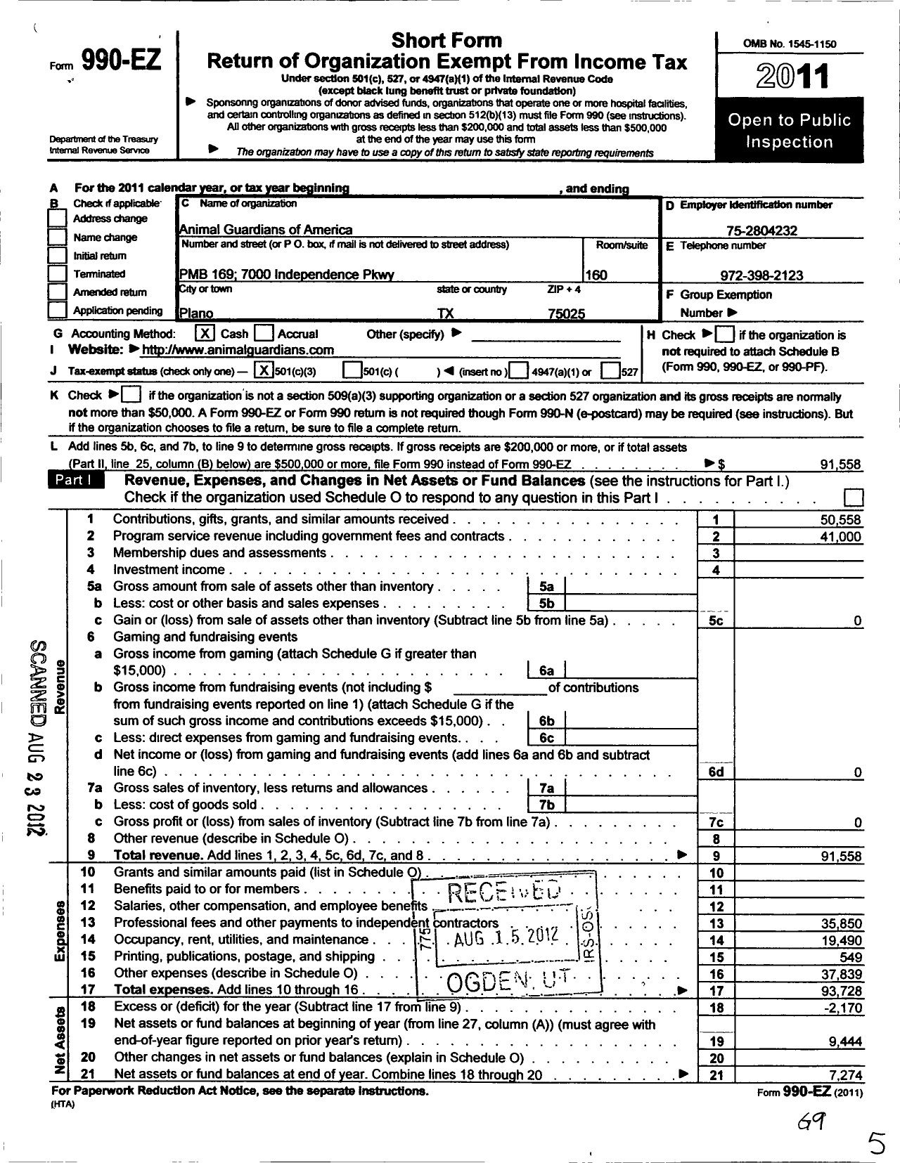 Image of first page of 2011 Form 990EZ for Animal Guardians of America