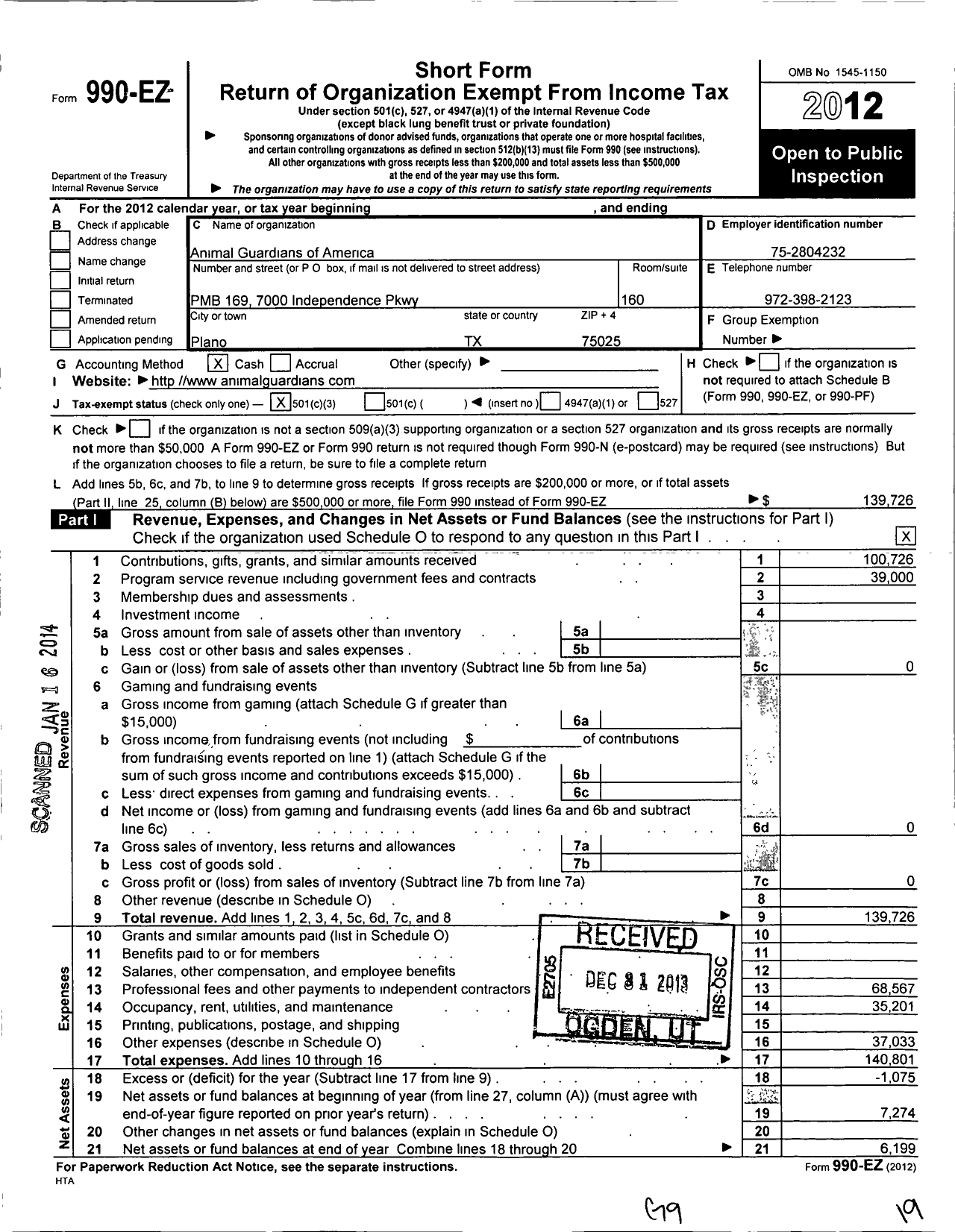 Image of first page of 2012 Form 990EZ for Animal Guardians of America