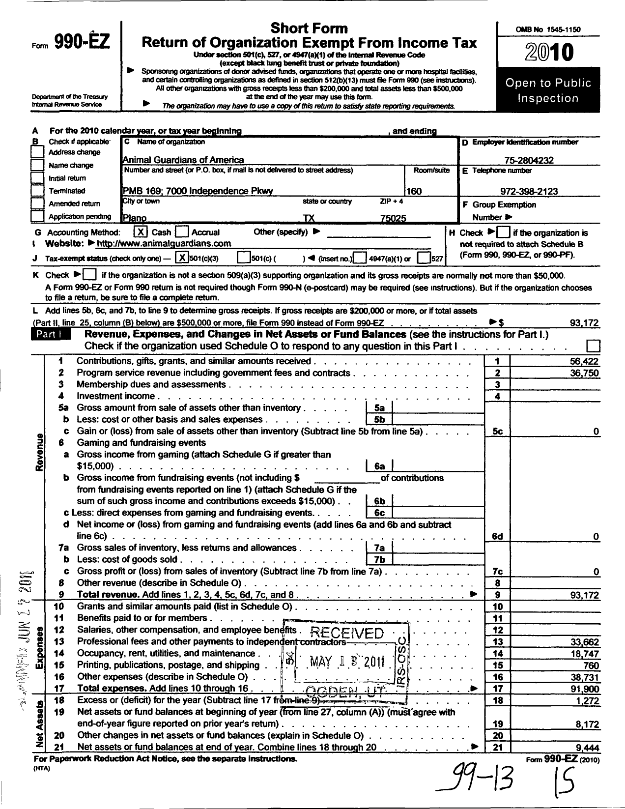 Image of first page of 2010 Form 990EZ for Animal Guardians of America