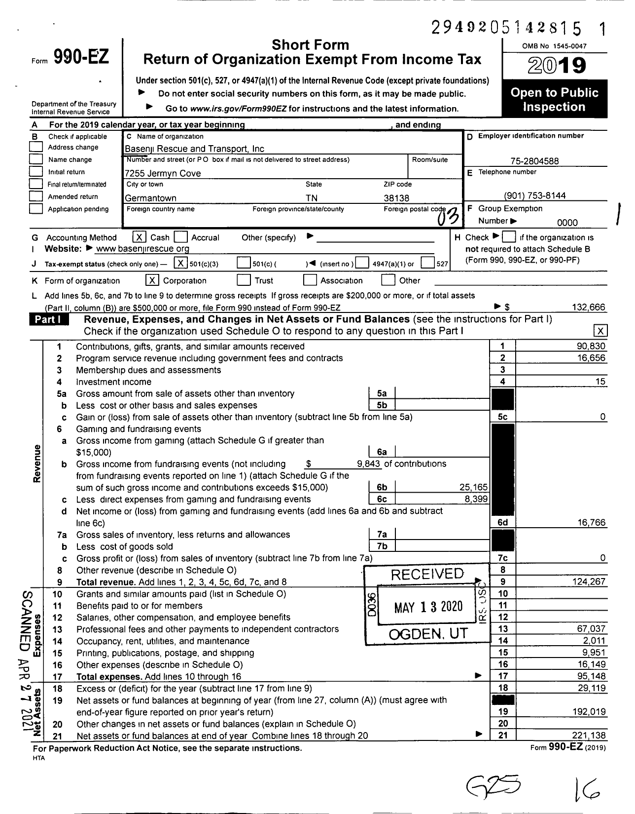 Image of first page of 2019 Form 990EZ for Basenji Rescue and Transport