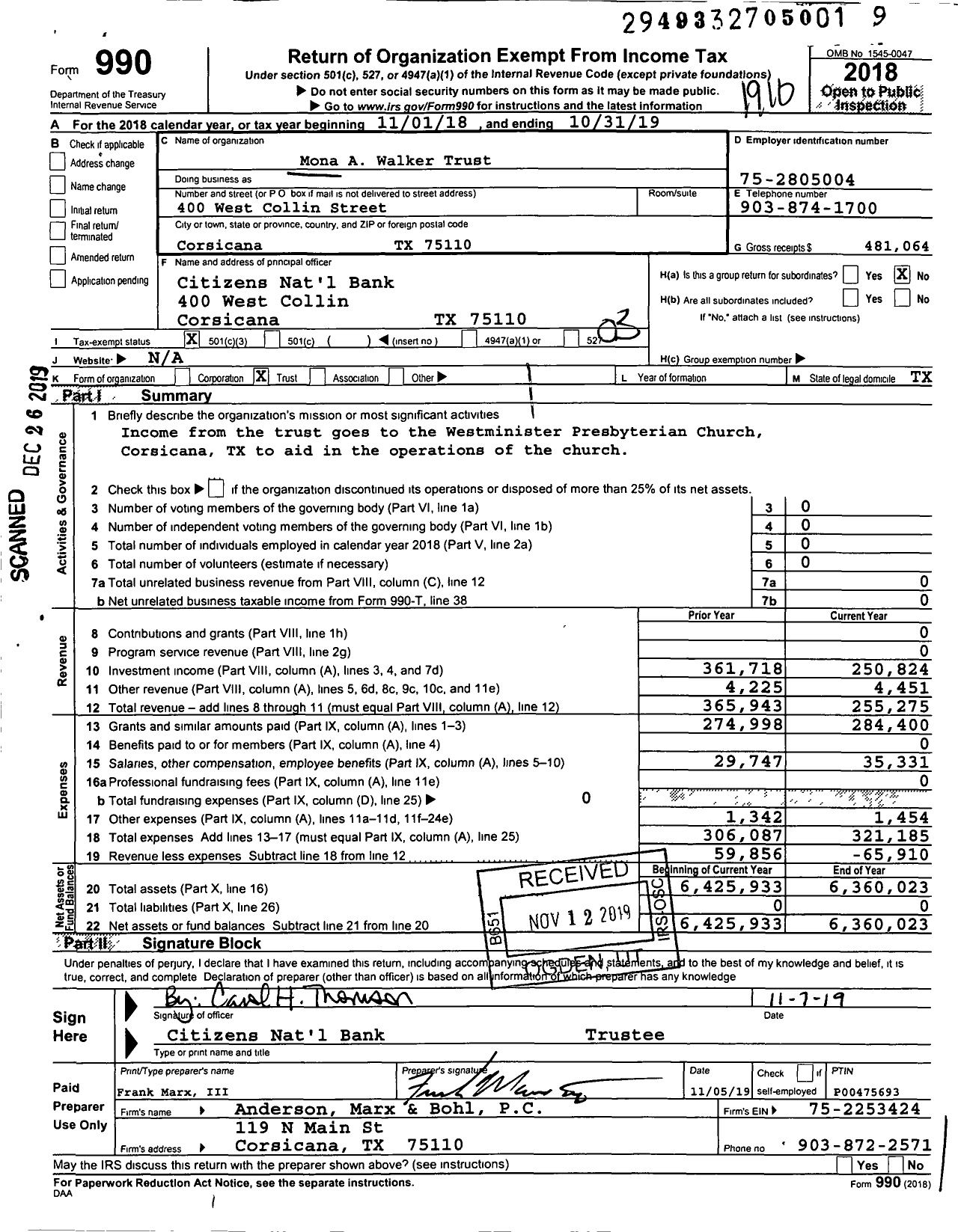 Image of first page of 2018 Form 990 for Mona A Walker Trust