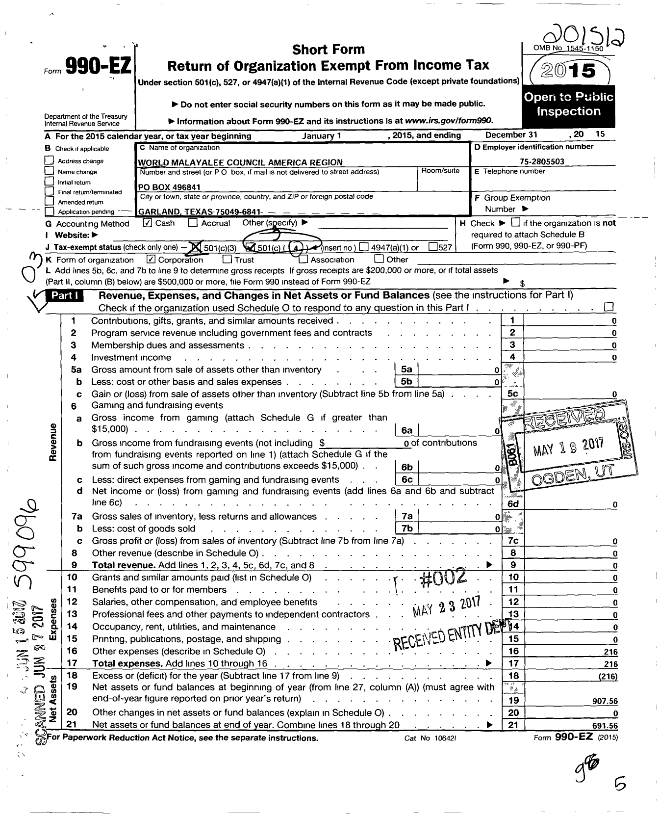 Image of first page of 2015 Form 990EZ for World Malayalee Council America Region