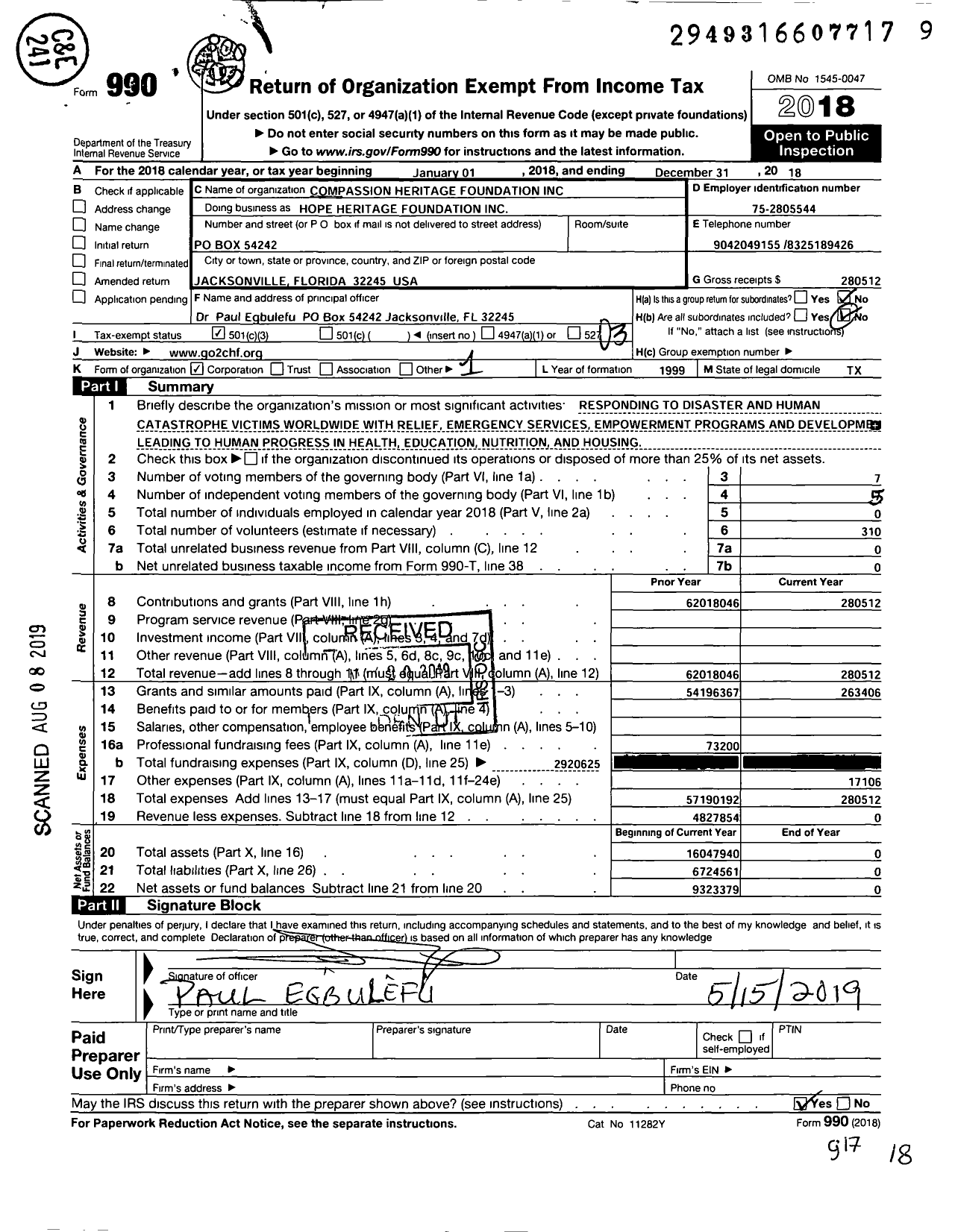 Image of first page of 2018 Form 990 for Compassion Heritage Foundation