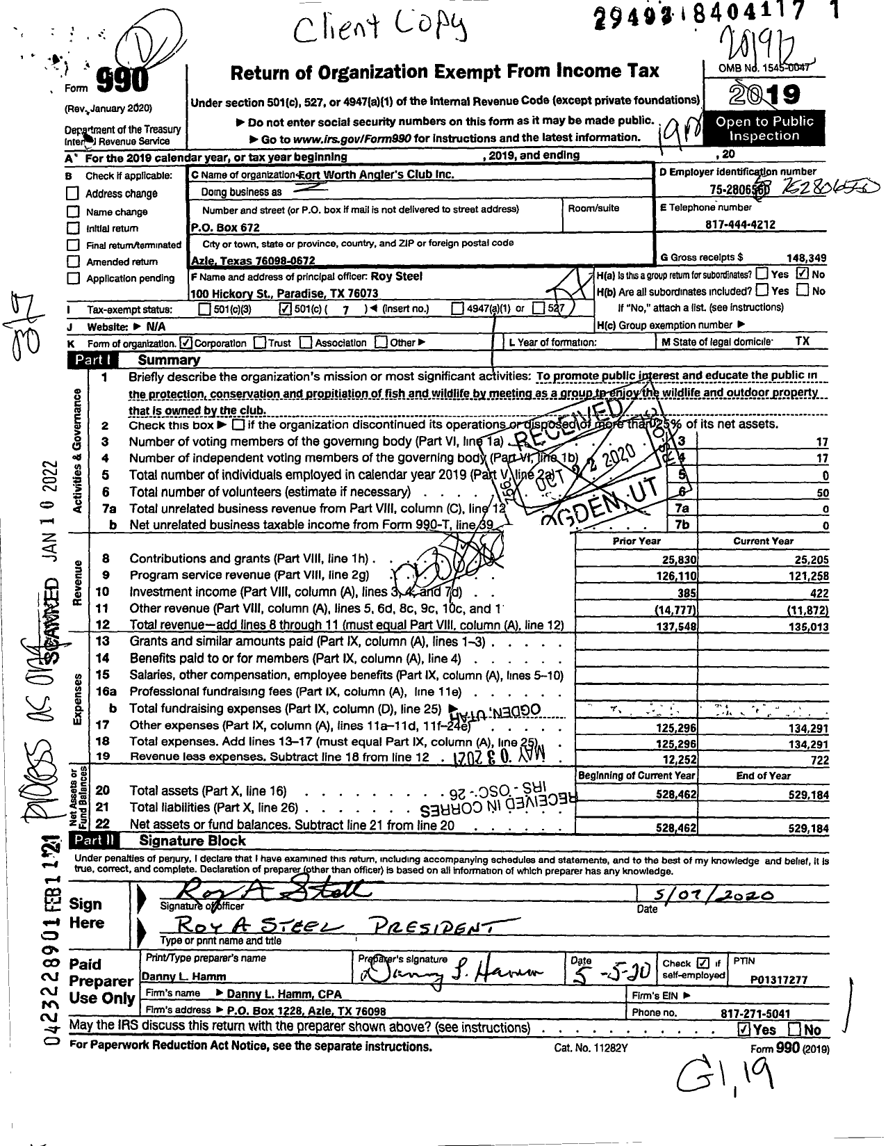 Image of first page of 2019 Form 990O for Fort Worth Anglers Club