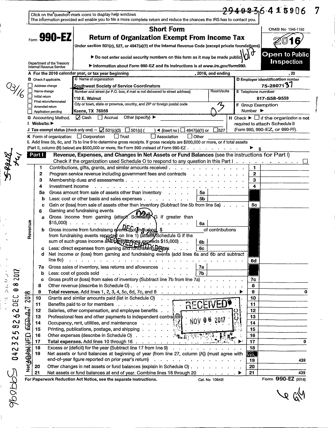 Image of first page of 2016 Form 990EZ for Southwest Society of Service Coordinators