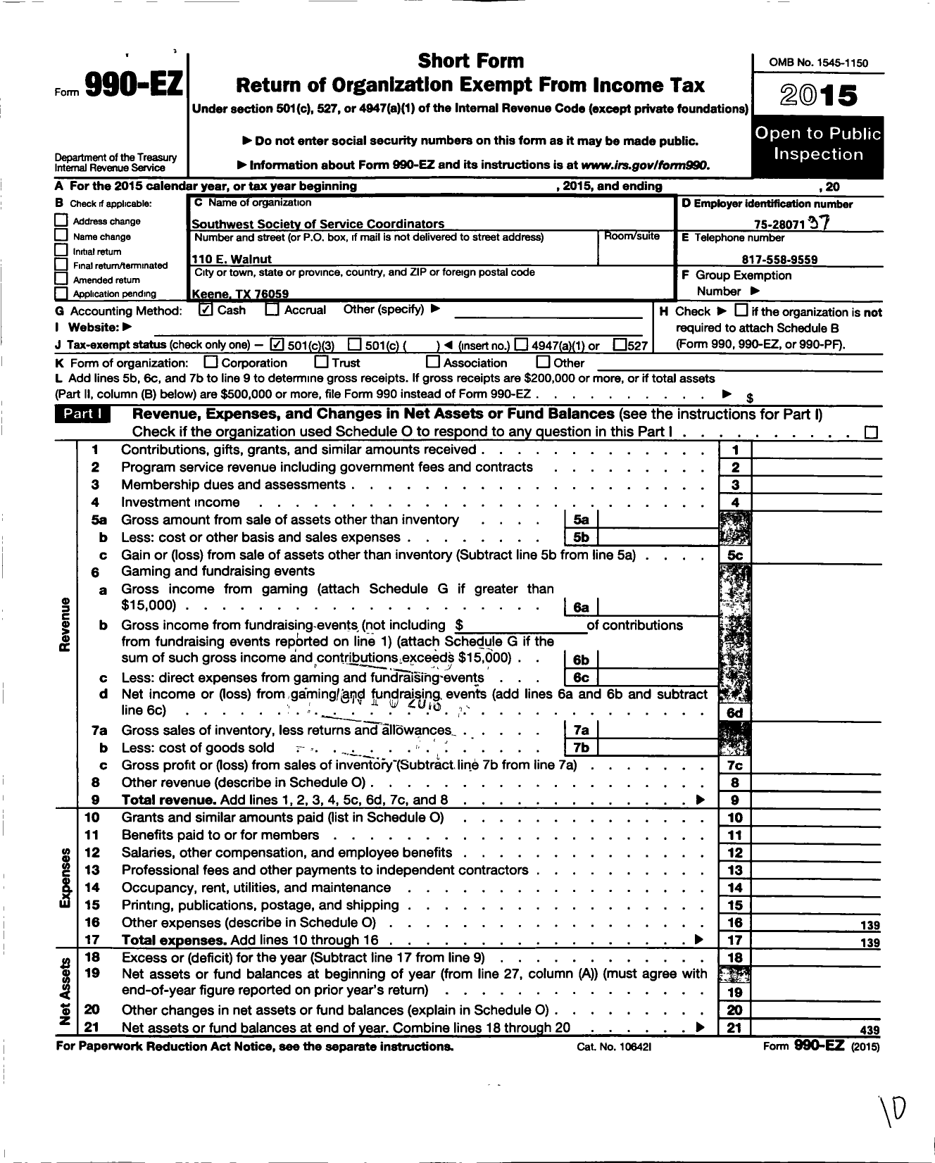 Image of first page of 2015 Form 990EZ for Southwest Society of Service Coordinators