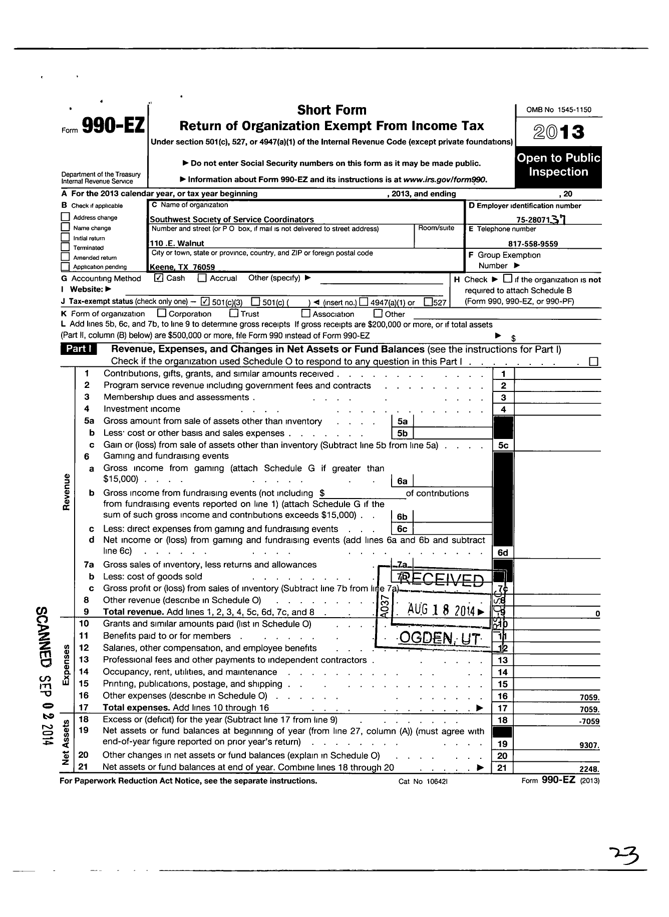 Image of first page of 2013 Form 990EZ for Southwest Society of Service Coordinators