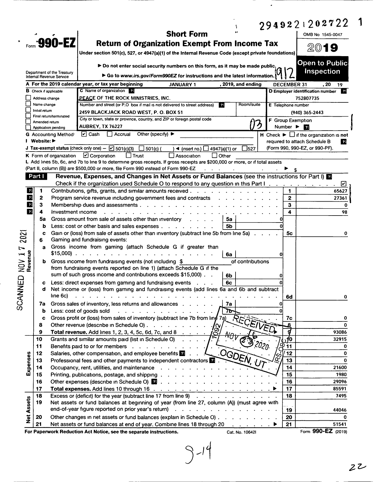 Image of first page of 2019 Form 990EZ for Peace of the Rock Ministries