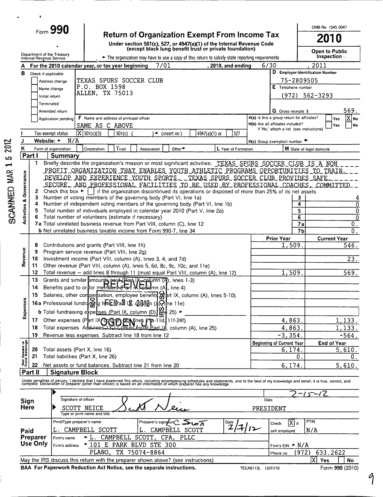 Image of first page of 2010 Form 990 for Texas Spurs Soccer Club