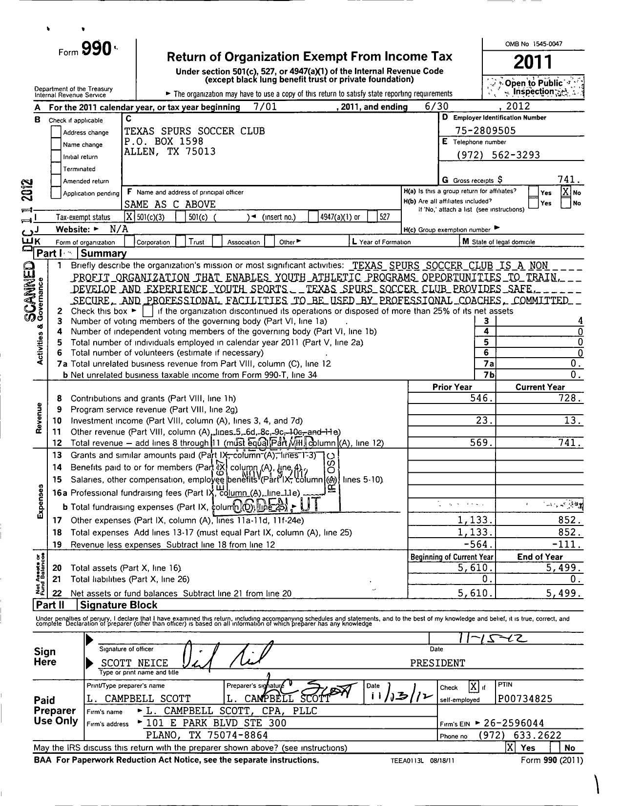 Image of first page of 2011 Form 990 for Texas Spurs Soccer Club