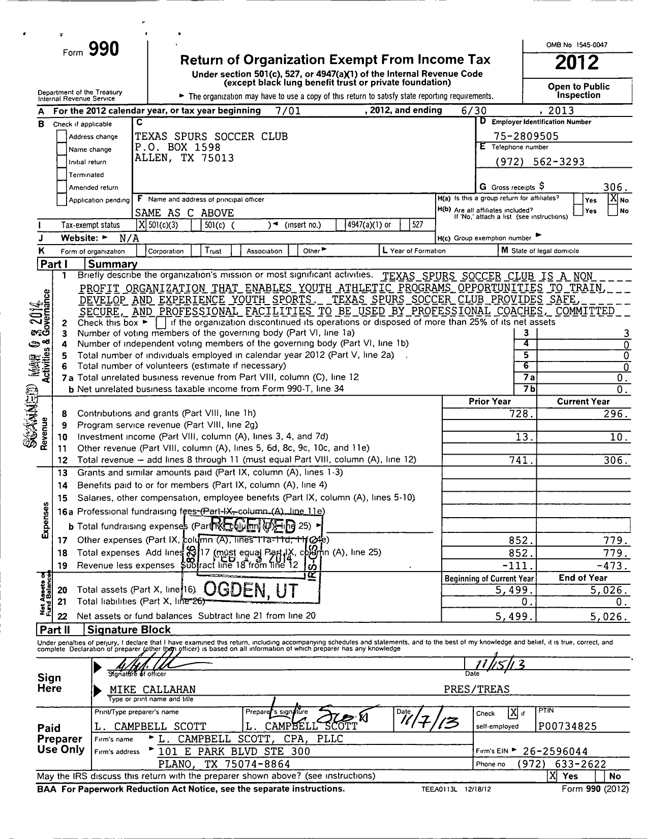 Image of first page of 2012 Form 990 for Texas Spurs Soccer Club