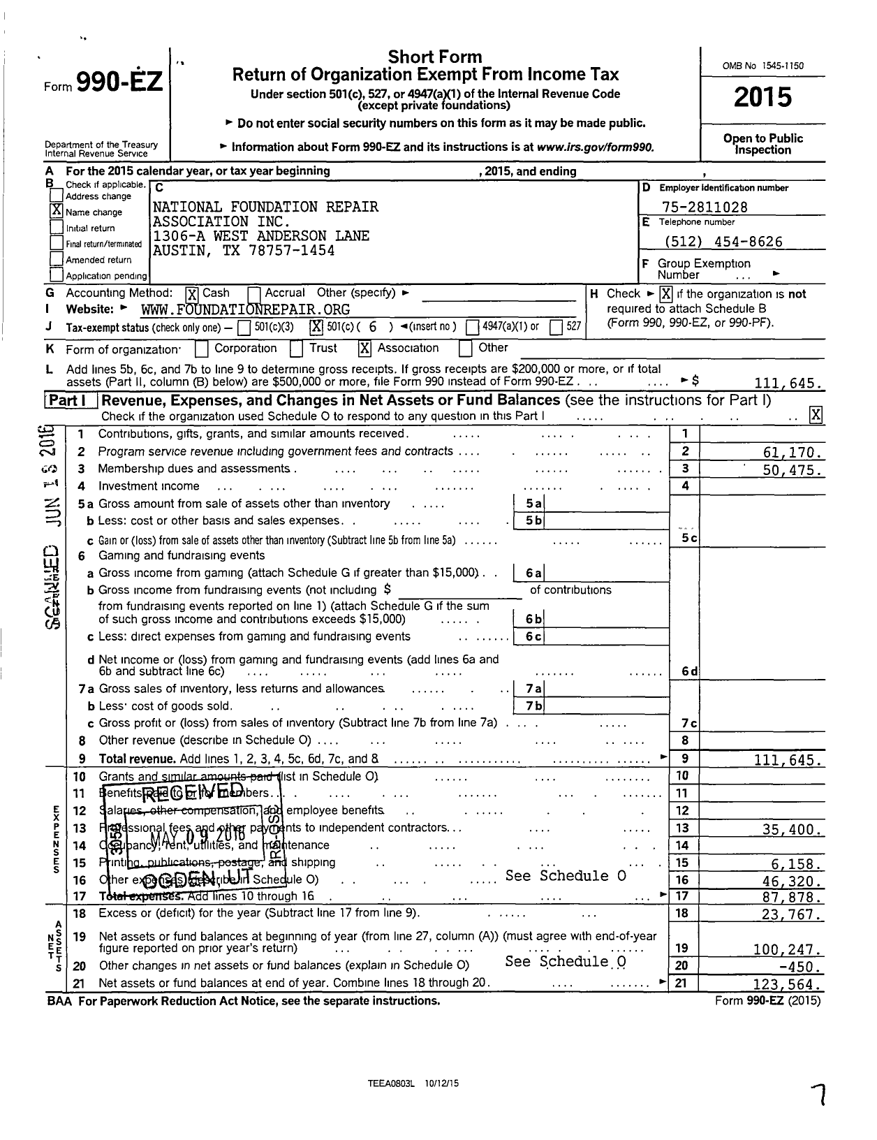 Image of first page of 2015 Form 990EO for National Foundation Repair Association