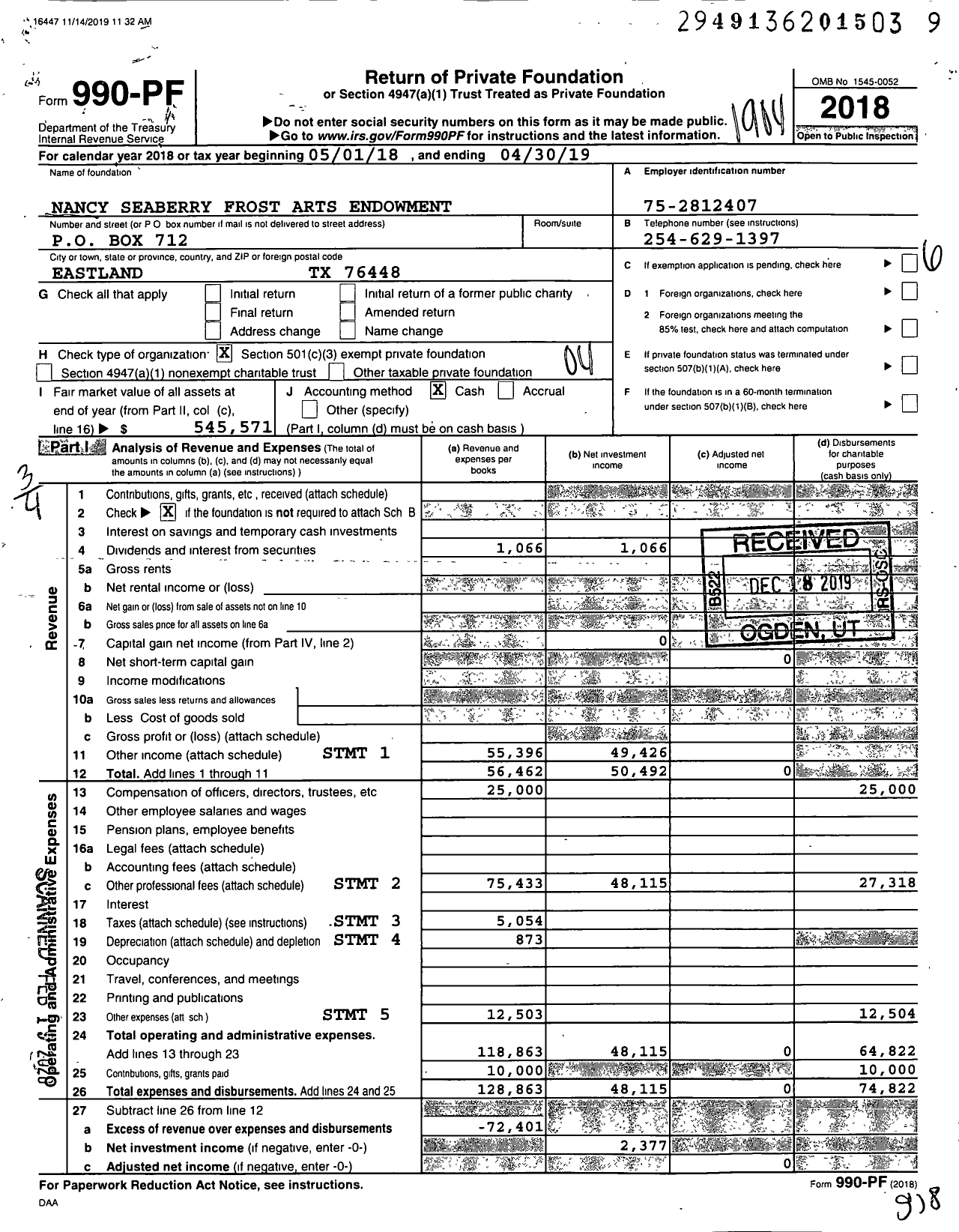 Image of first page of 2018 Form 990PF for Nancy Seaberry Frost Arts Endowment