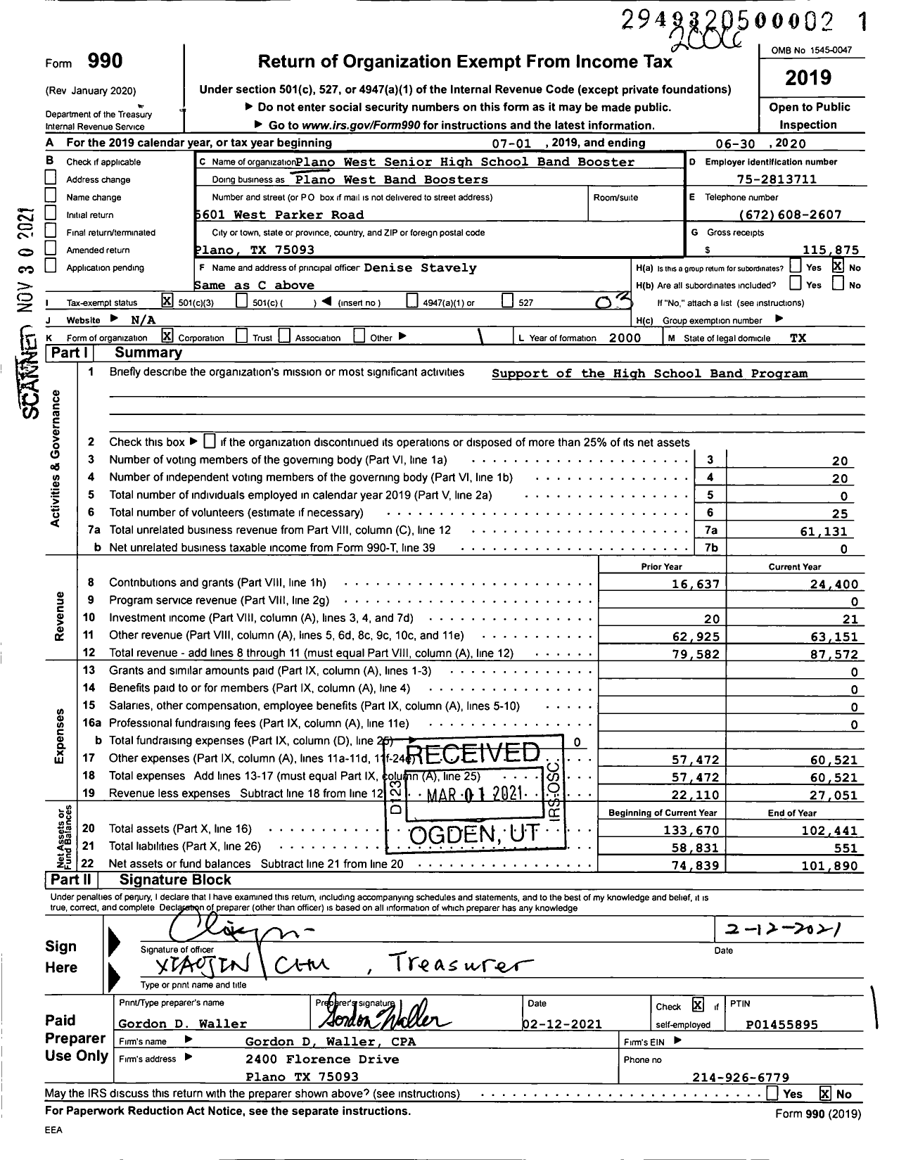 Image of first page of 2019 Form 990 for Plano West Band Boosters