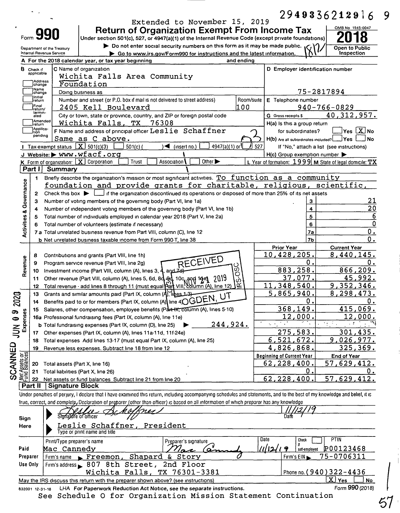 Image of first page of 2018 Form 990 for Wichita Falls Area Community Foundation (WFACF)