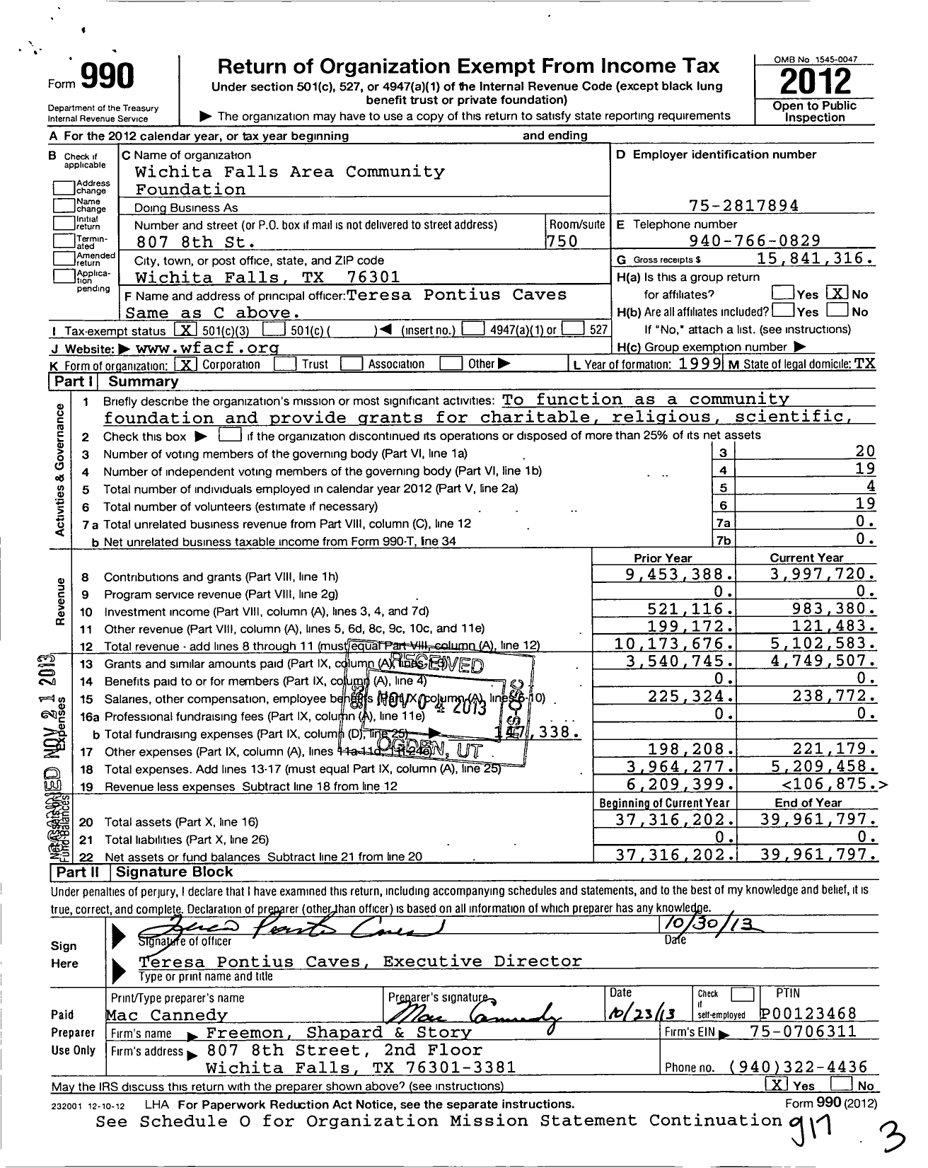 Image of first page of 2012 Form 990 for Wichita Falls Area Community Foundation (WFACF)