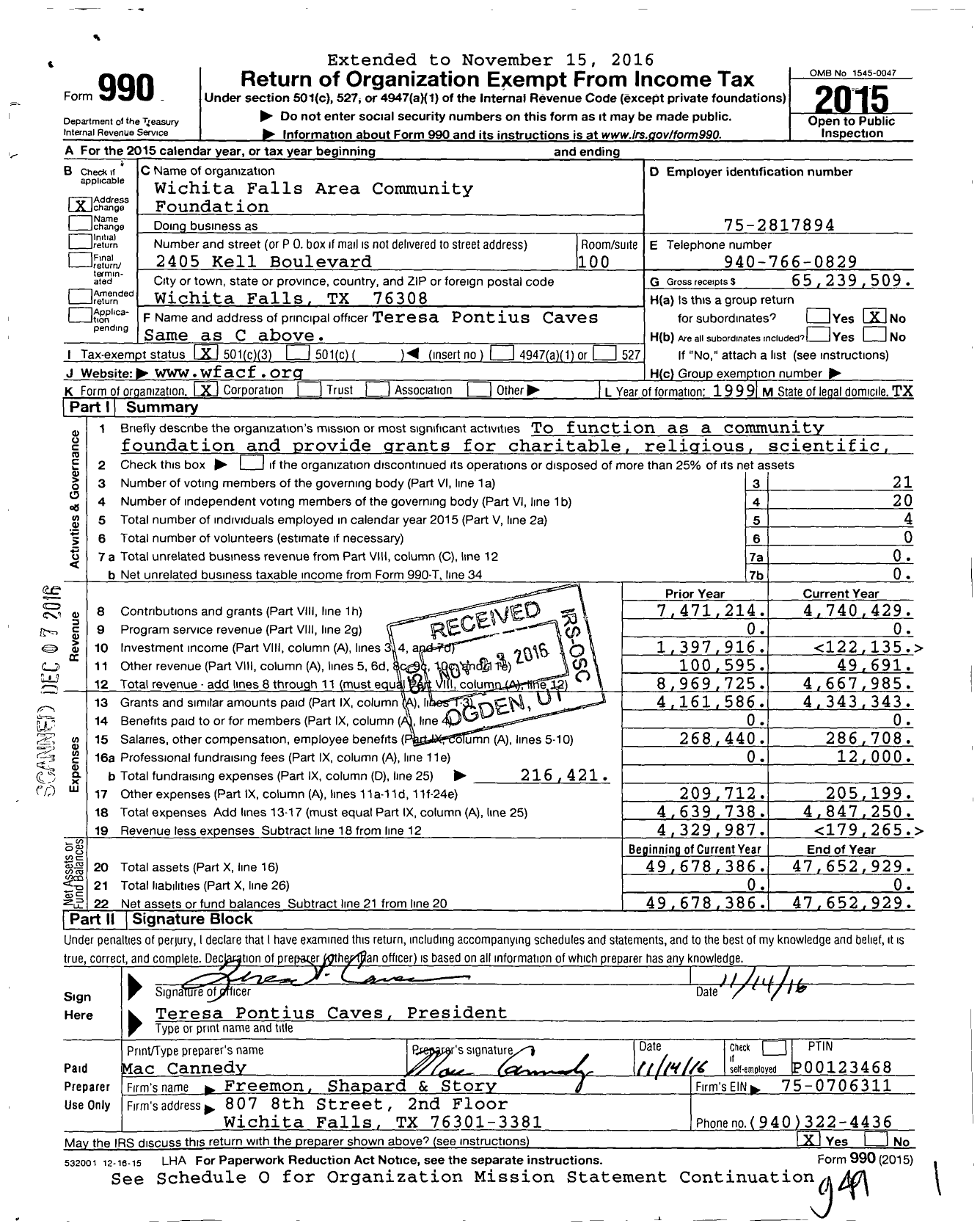 Image of first page of 2015 Form 990 for Wichita Falls Area Community Foundation (WFACF)