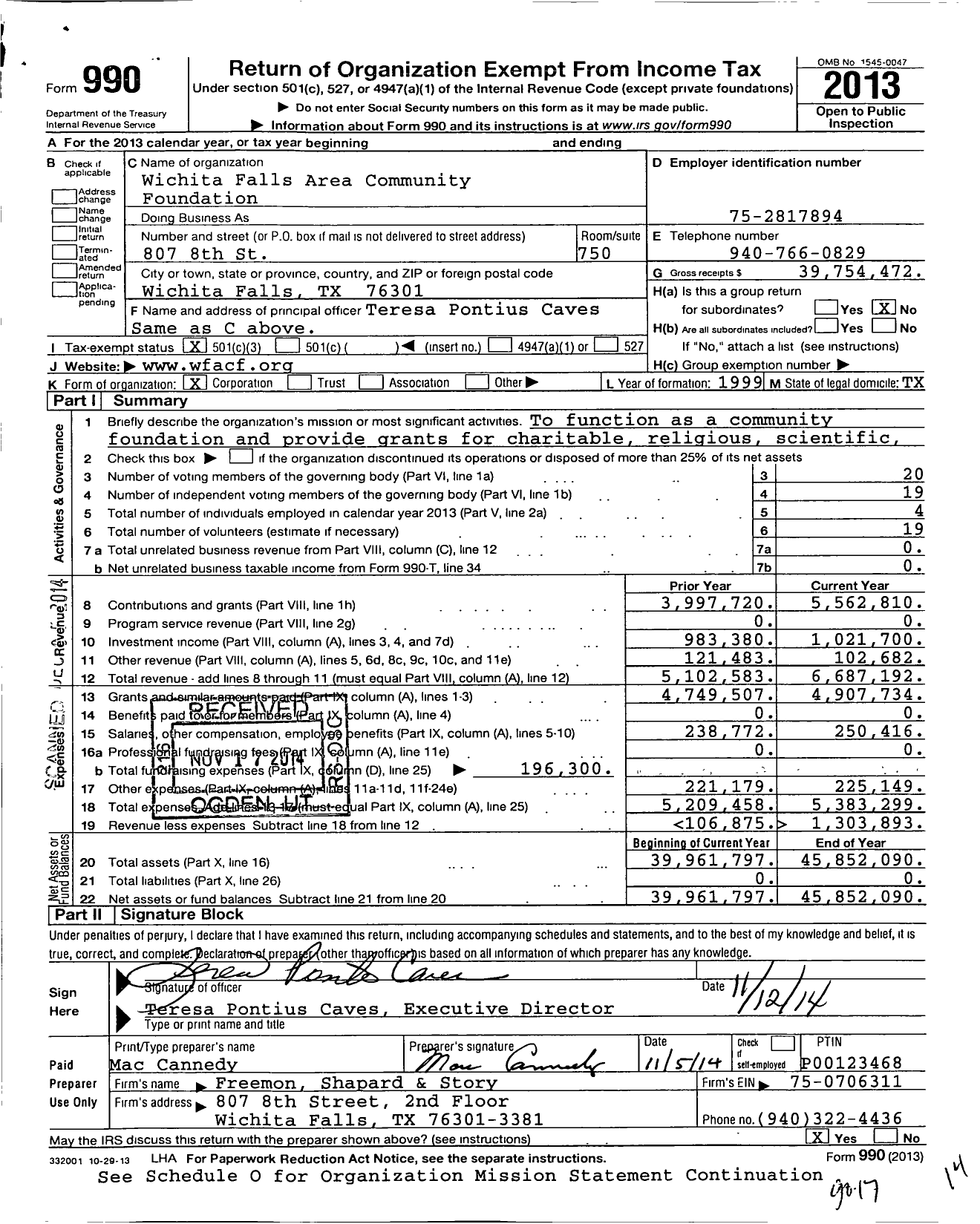 Image of first page of 2013 Form 990 for Wichita Falls Area Community Foundation (WFACF)