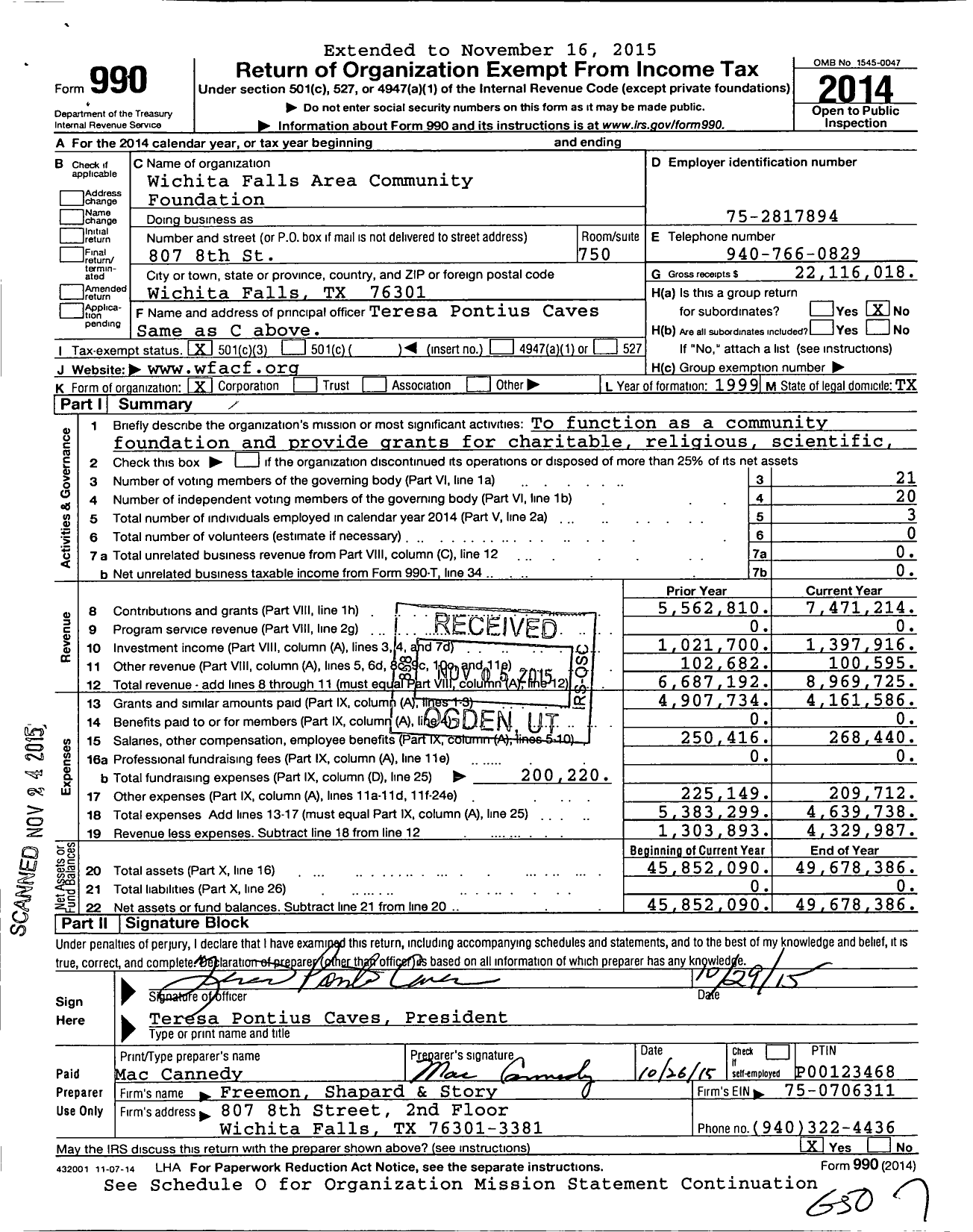 Image of first page of 2014 Form 990 for Wichita Falls Area Community Foundation (WFACF)