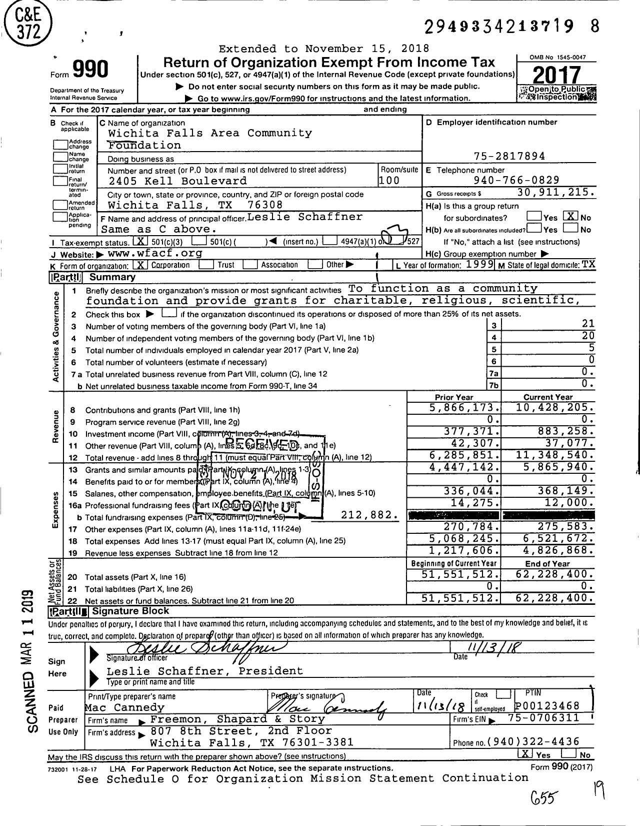 Image of first page of 2017 Form 990 for Wichita Falls Area Community Foundation (WFACF)