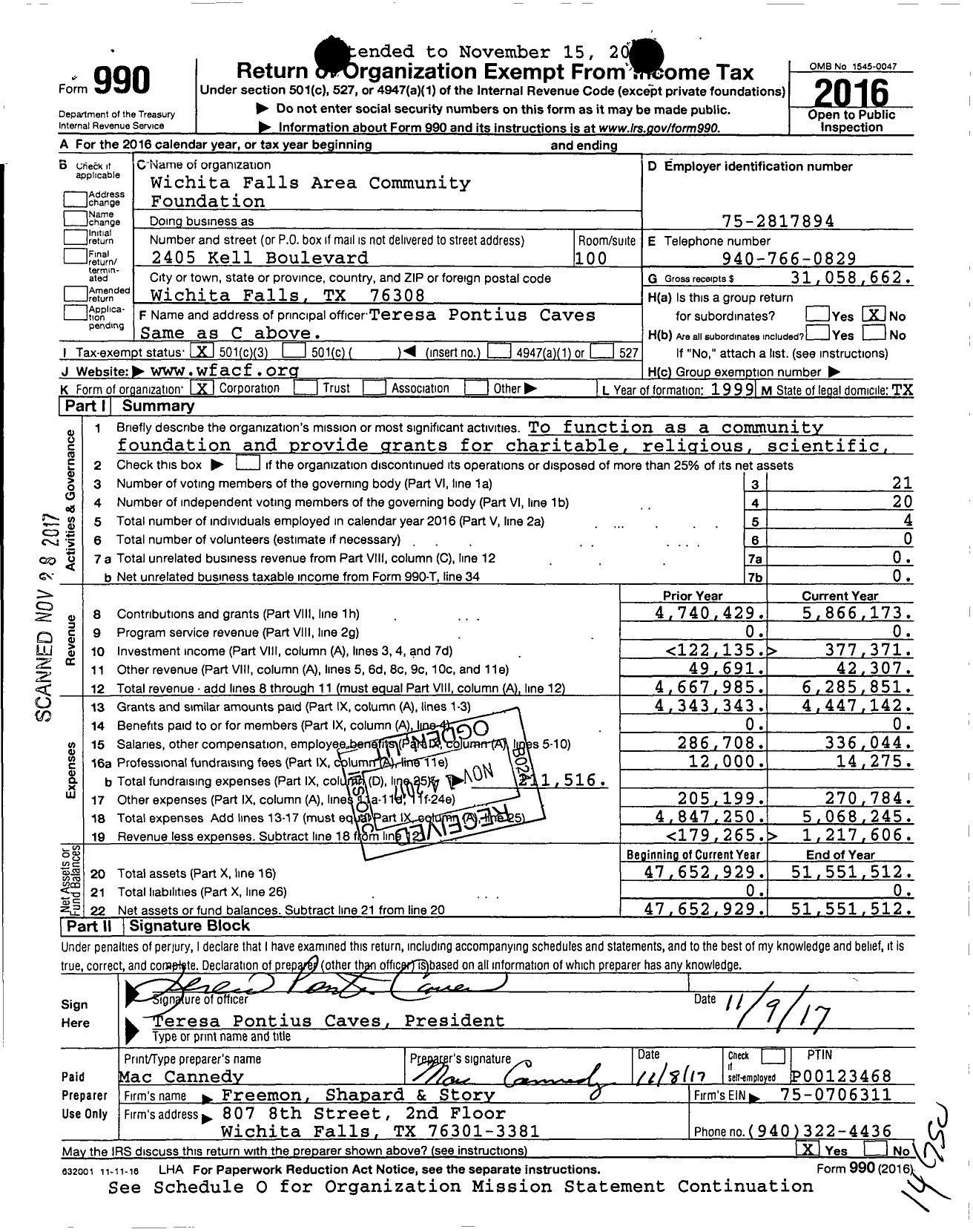 Image of first page of 2016 Form 990 for Wichita Falls Area Community Foundation (WFACF)