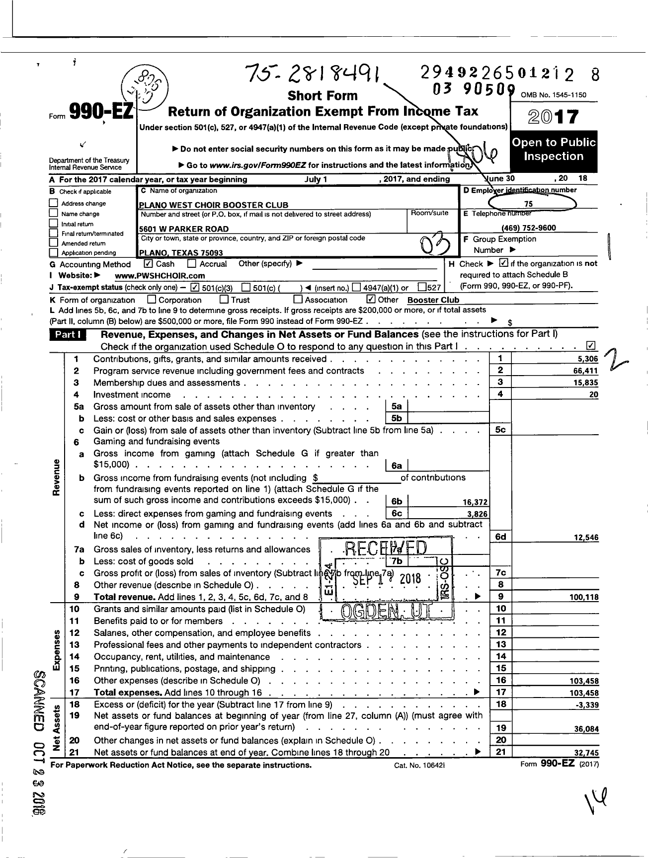 Image of first page of 2017 Form 990EZ for Plano West Choir Booster Club