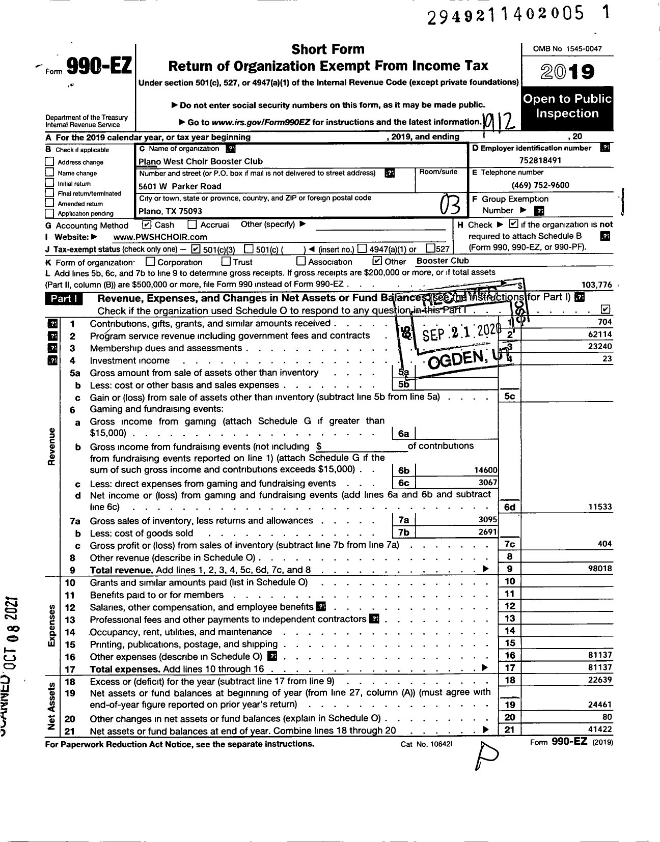 Image of first page of 2019 Form 990EZ for Plano West Choir Booster Club