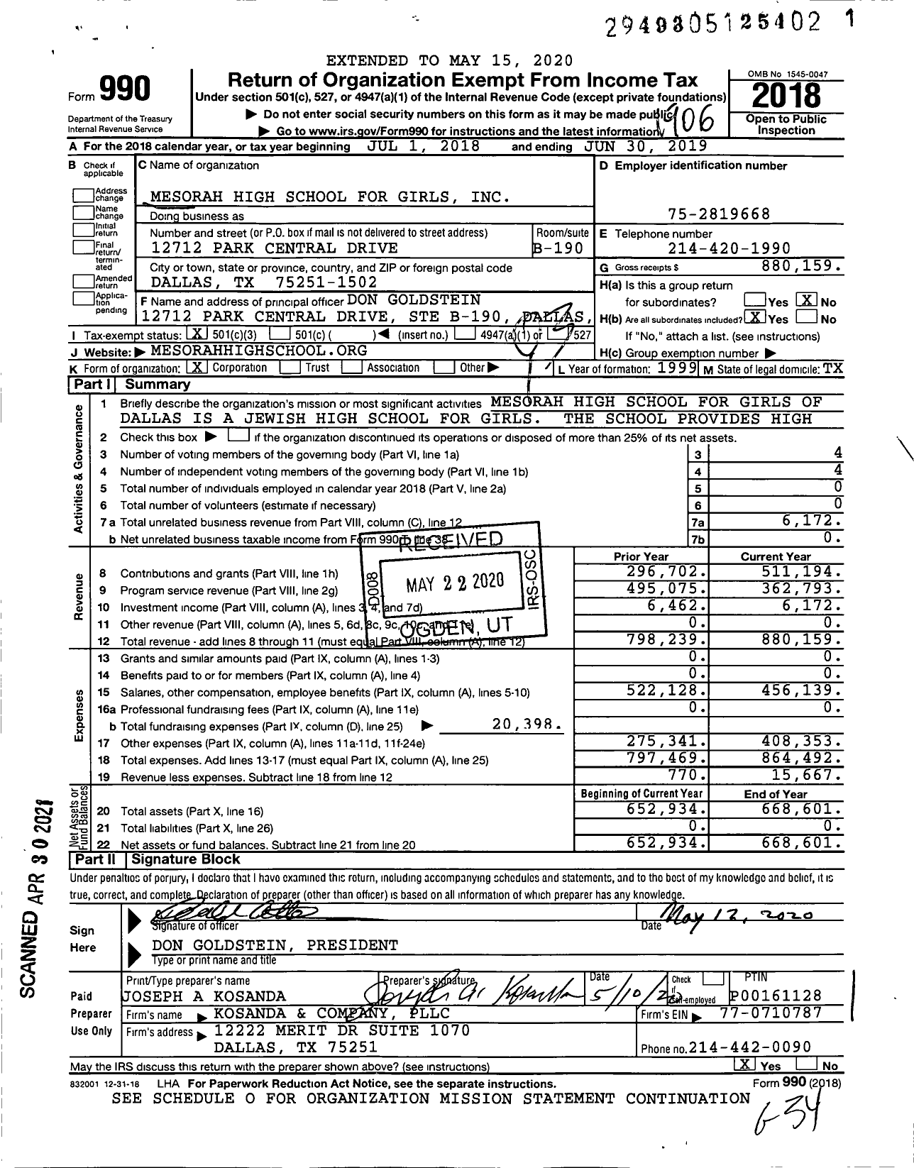 Image of first page of 2018 Form 990 for Mesorah High School for Girls