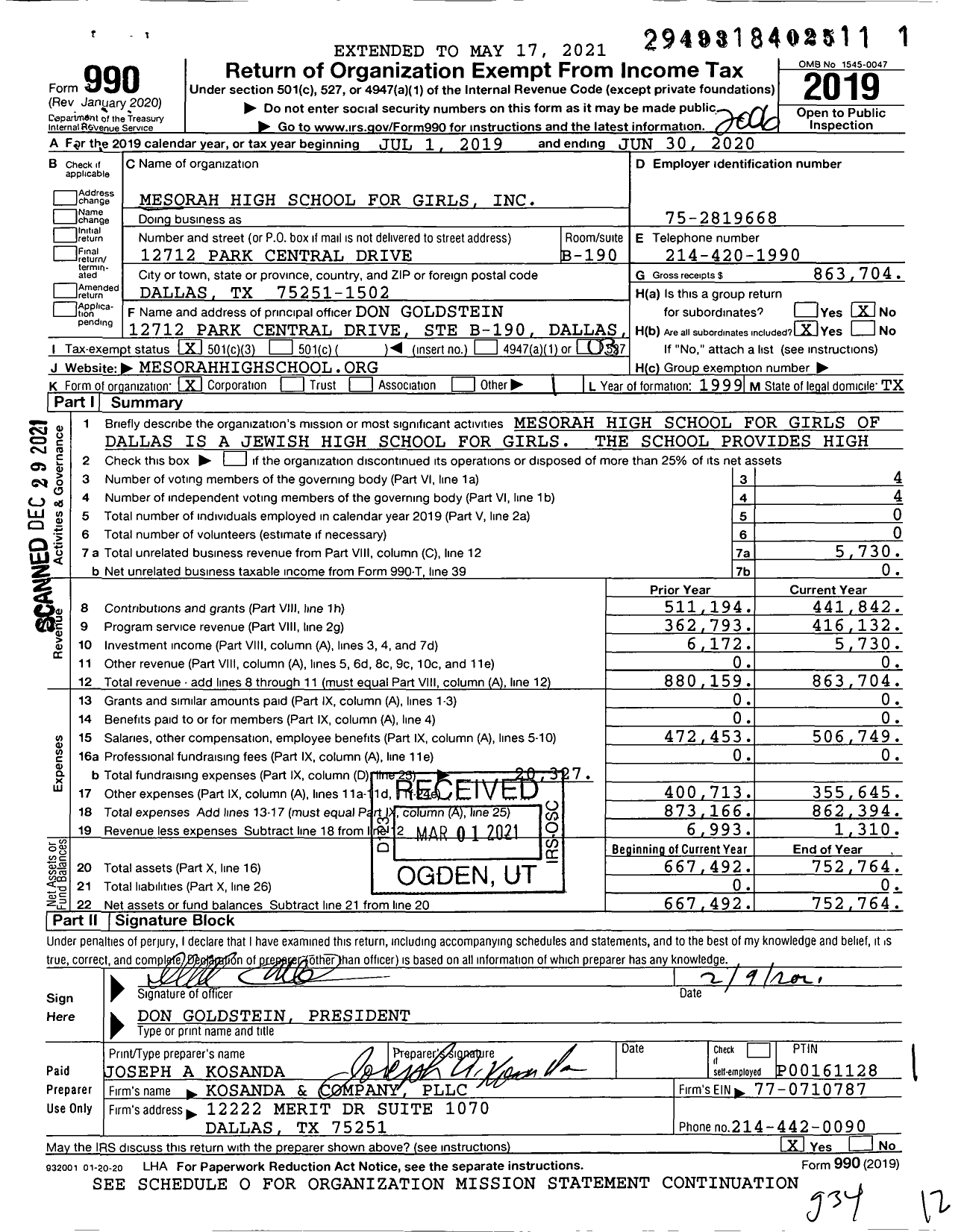 Image of first page of 2019 Form 990 for Mesorah High School for Girls