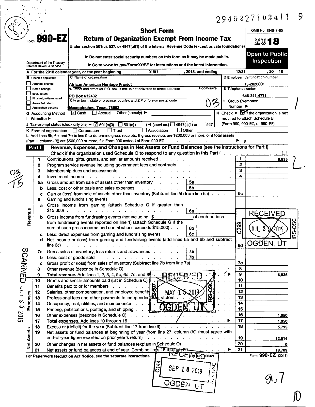 Image of first page of 2018 Form 990EZ for African American Heritage Project