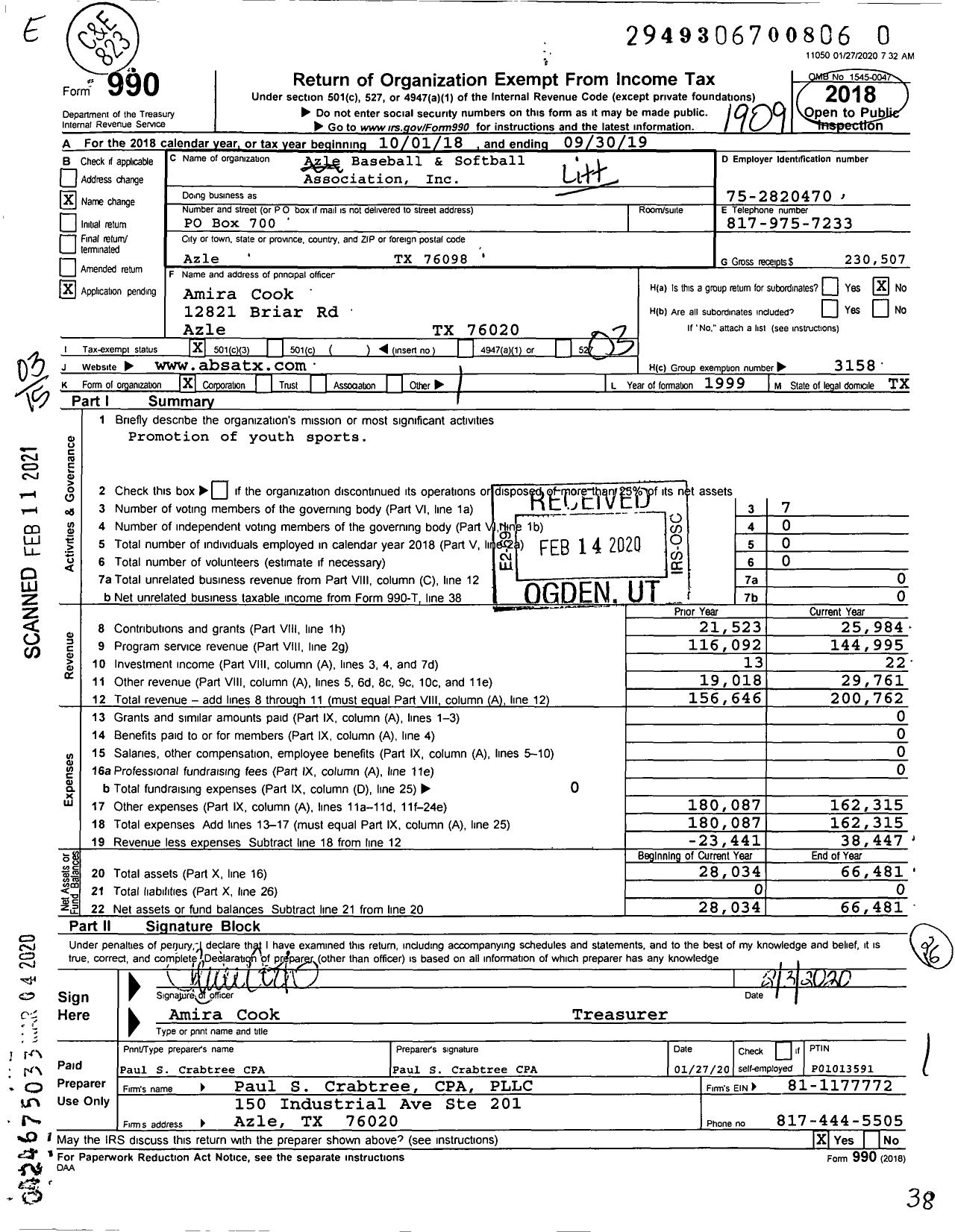 Image of first page of 2018 Form 990 for Azle Baseball and Softball Association
