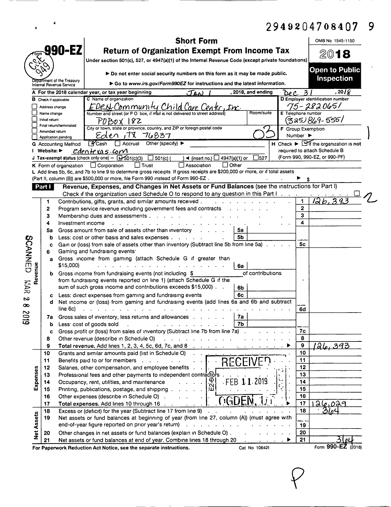 Image of first page of 2018 Form 990EZ for Eden Community Child Care Center