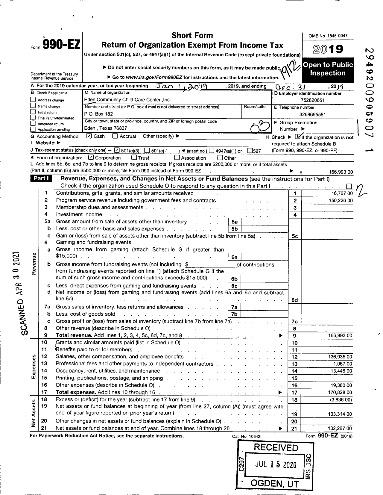 Image of first page of 2019 Form 990EZ for Eden Community Child Care Center