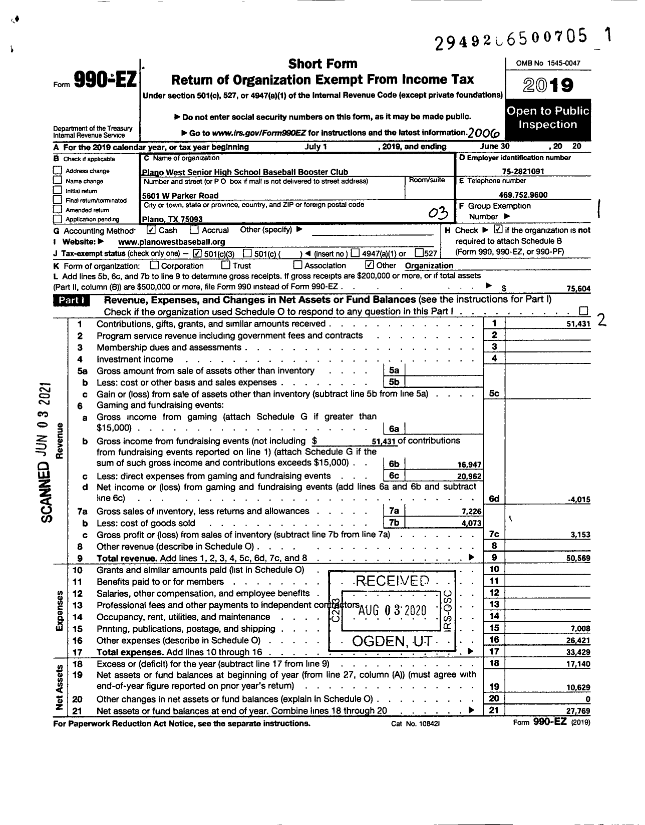 Image of first page of 2019 Form 990EZ for Plano West Senior High School Baseball Booster Club