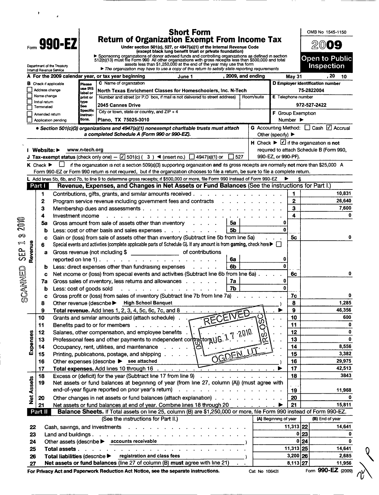 Image of first page of 2009 Form 990EZ for North Texas Enrichment Classes for Homeschoolers