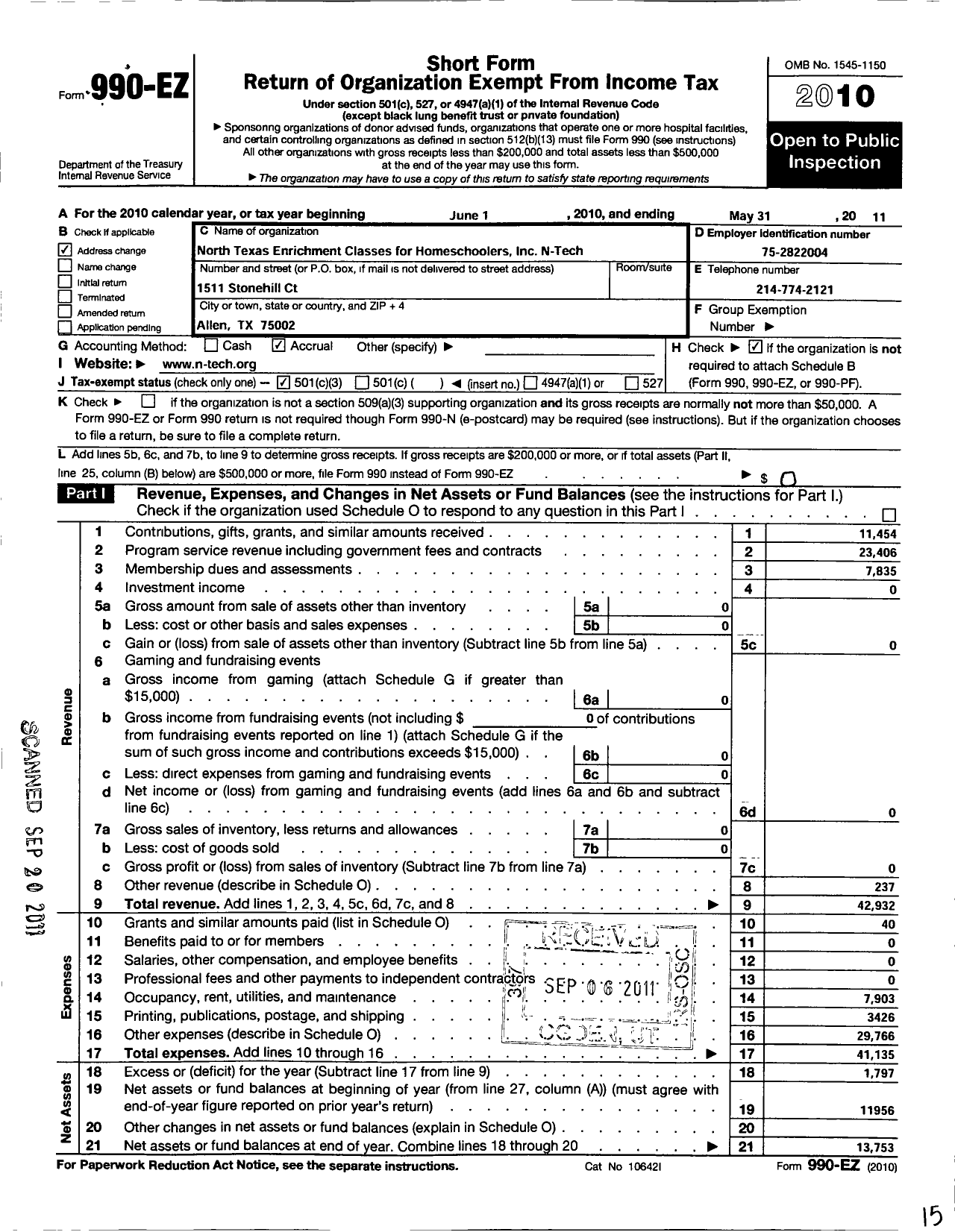 Image of first page of 2010 Form 990EZ for North Texas Enrichment Classes for Homeschoolers