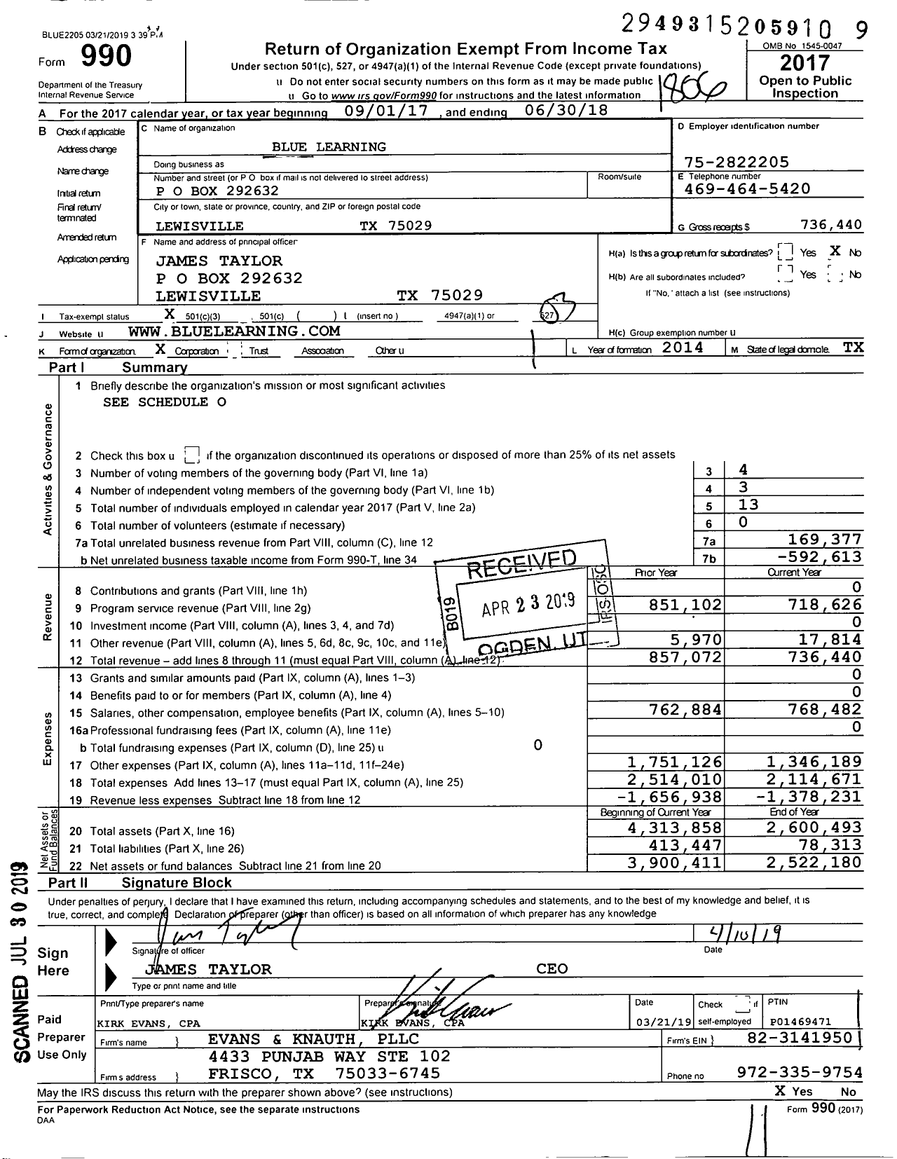 Image of first page of 2017 Form 990 for Blue Learning