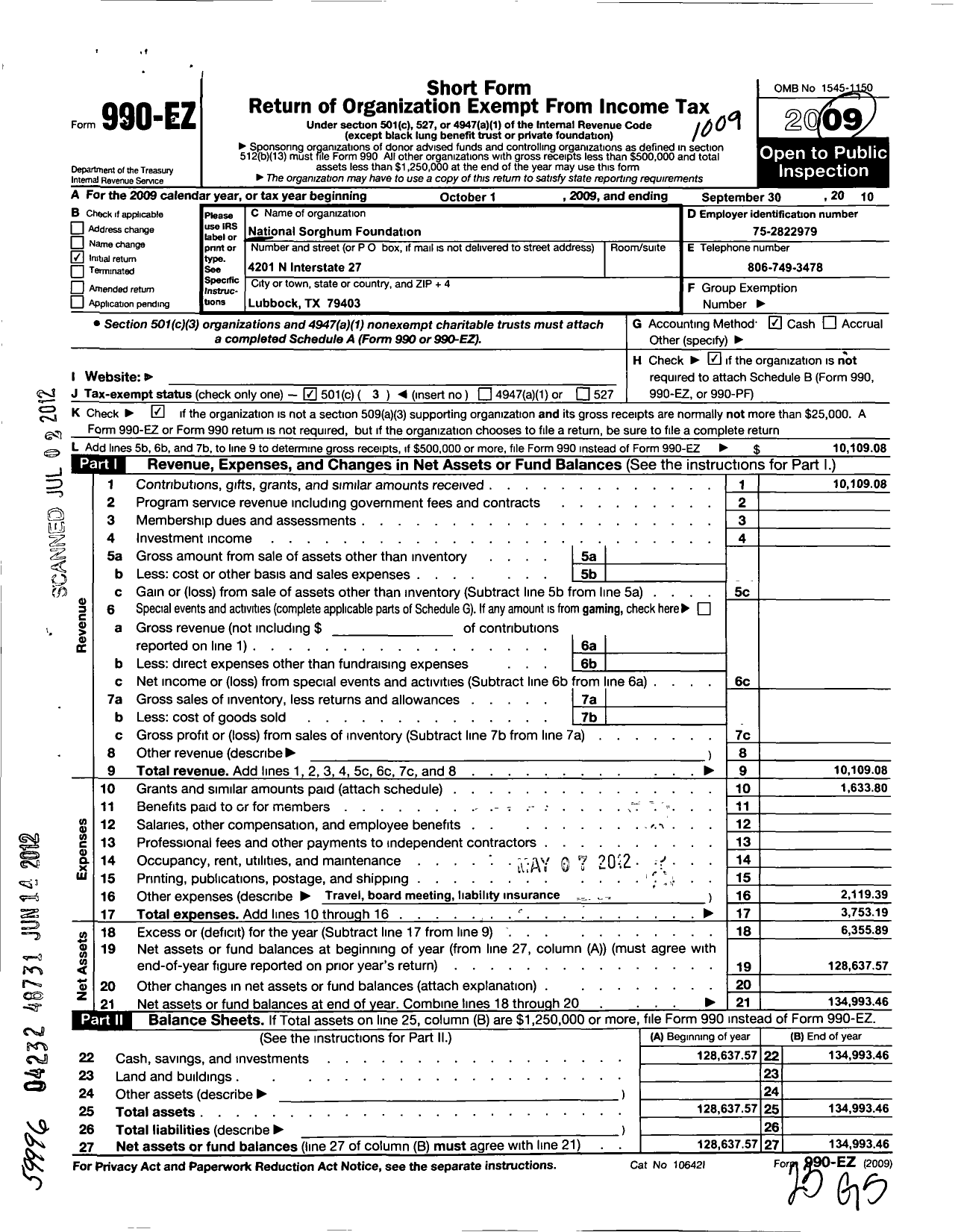 Image of first page of 2009 Form 990EZ for National Sorghum Foundation